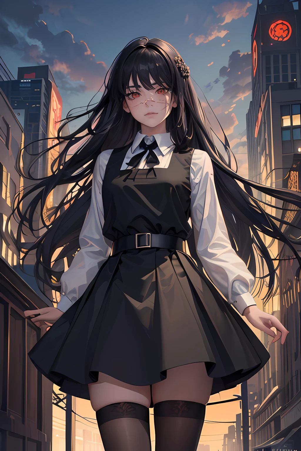 (masterpiece, top quality, best quality, official art, beautiful and aesthetic:1.2), (1girl:1.3), (fractal art:1.3), yoru, 1girl, long hair, black hair, red eyes, scar on face, ringed eyes, (pinafore dress, black belt, black ribbon), night city, luminous signs, full-body, looks at the viewer