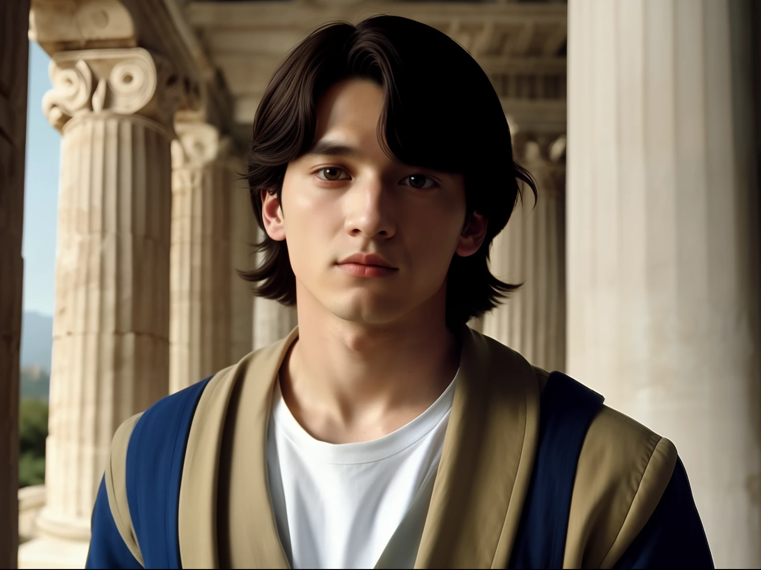 close up, the 90s scene movie, a young man in standing in a palace in the ancient greek period, a screen shot by Chen jiru, featured on tumblr, aestheticism, drama movie, beauty face, movie still, 1990s, look like jeon jungkook, film grain, the ancient greek periody outfit, Greek mythology era, Zeus goddess man