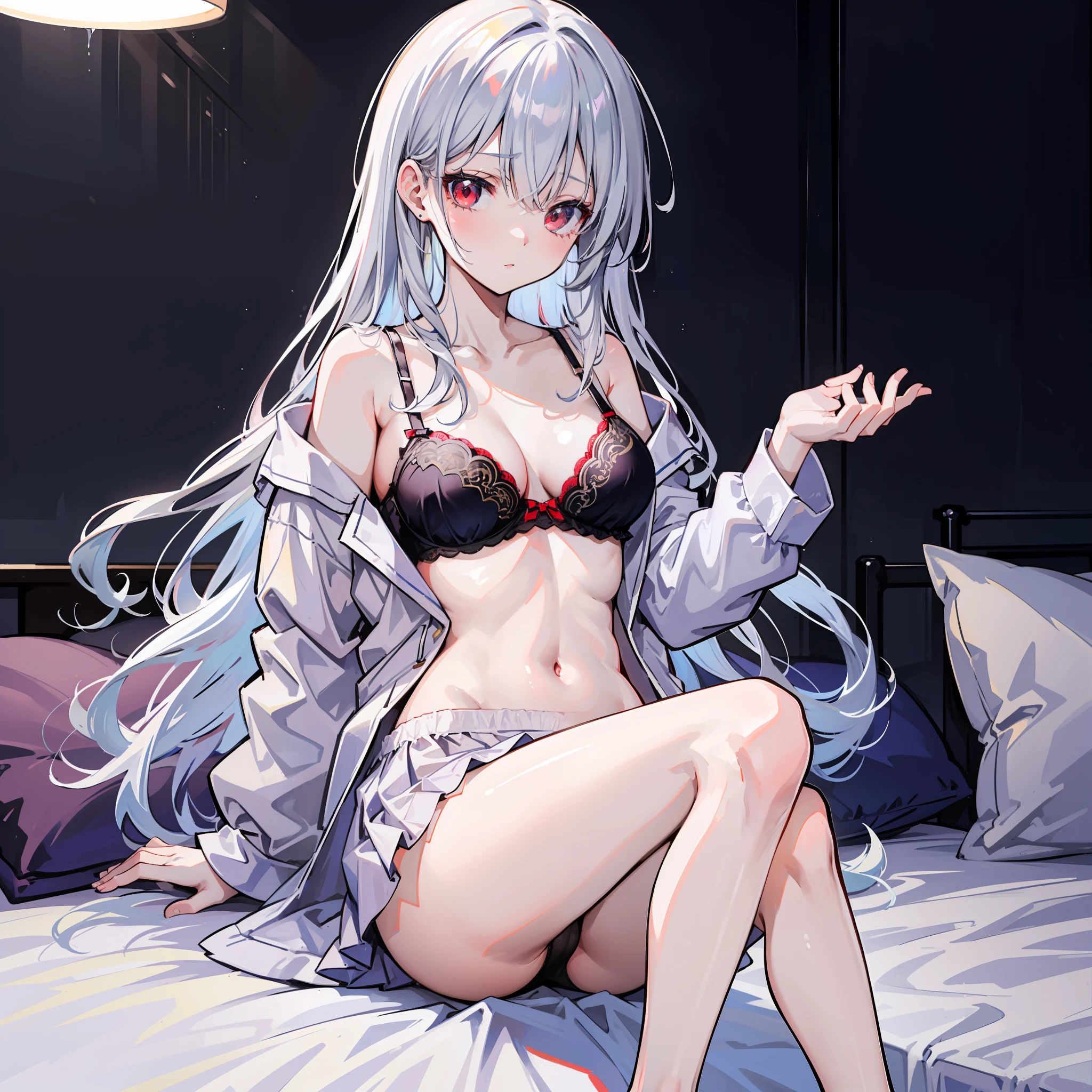 Silver-haired, Little **** with red eyes lying barefoot on bed，showing your whole body，Wear leaky navel pajamas and miniskirts，，She lifted her pajamas with one hand to show her bra，With one hand lifted the nightdress to expose the panties，She looked shy，hightquality，ultra - details