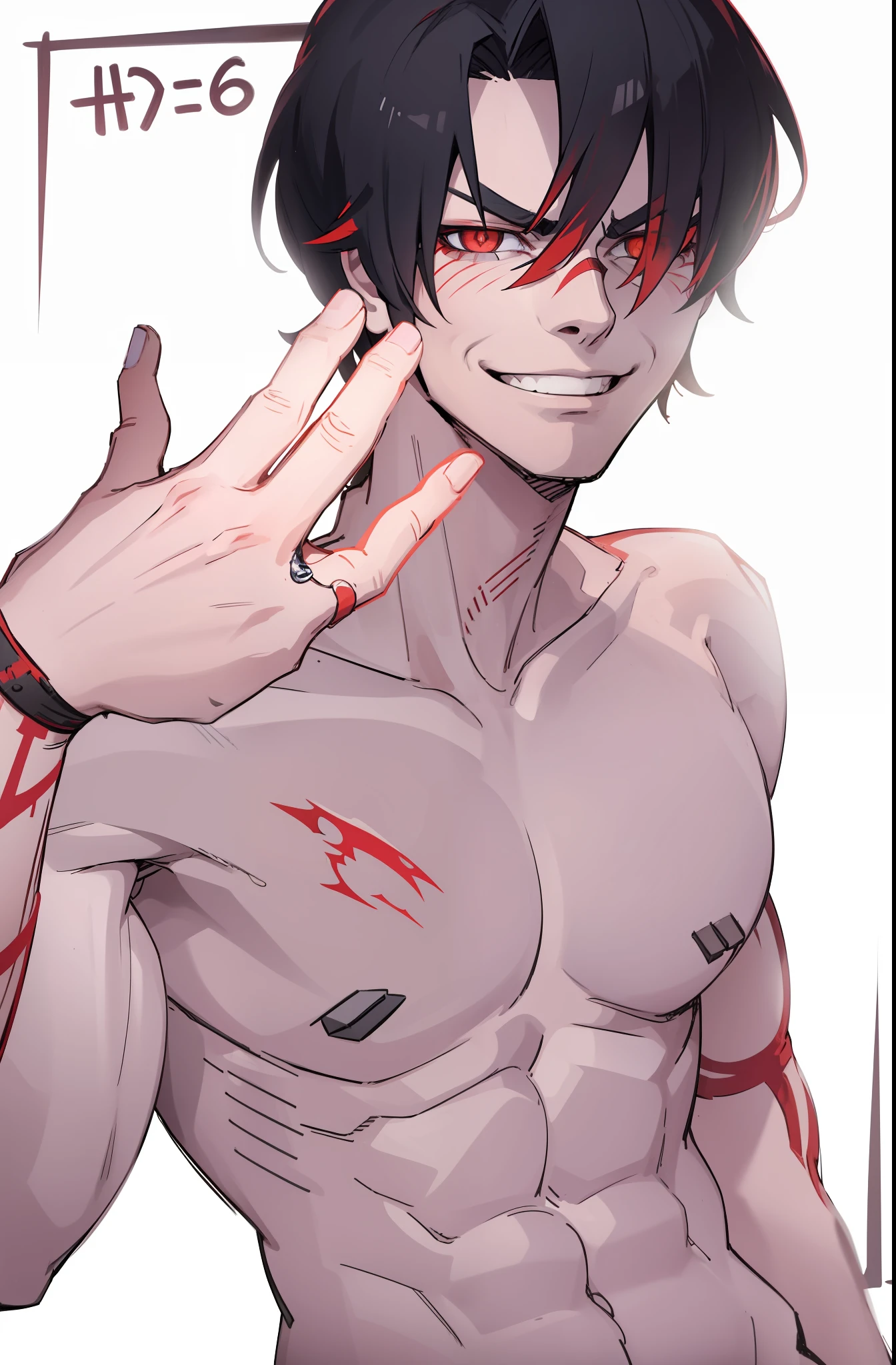 badass, antagonist, multicolored, dark hair, red pupils, 1boy, smug, smile, smile, muscle veins