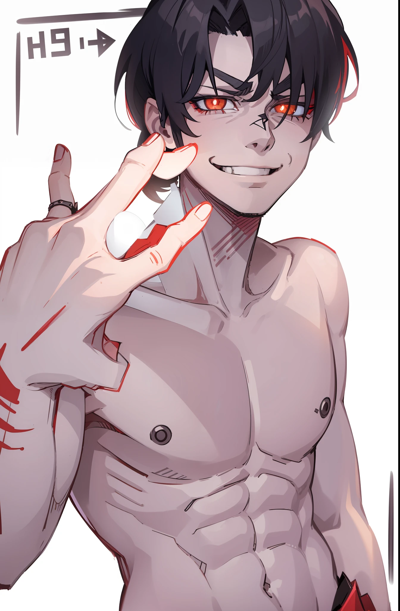 badass, antagonist, multicolored, dark hair, red pupils, 1boy, smug, smile, smile, muscle veins