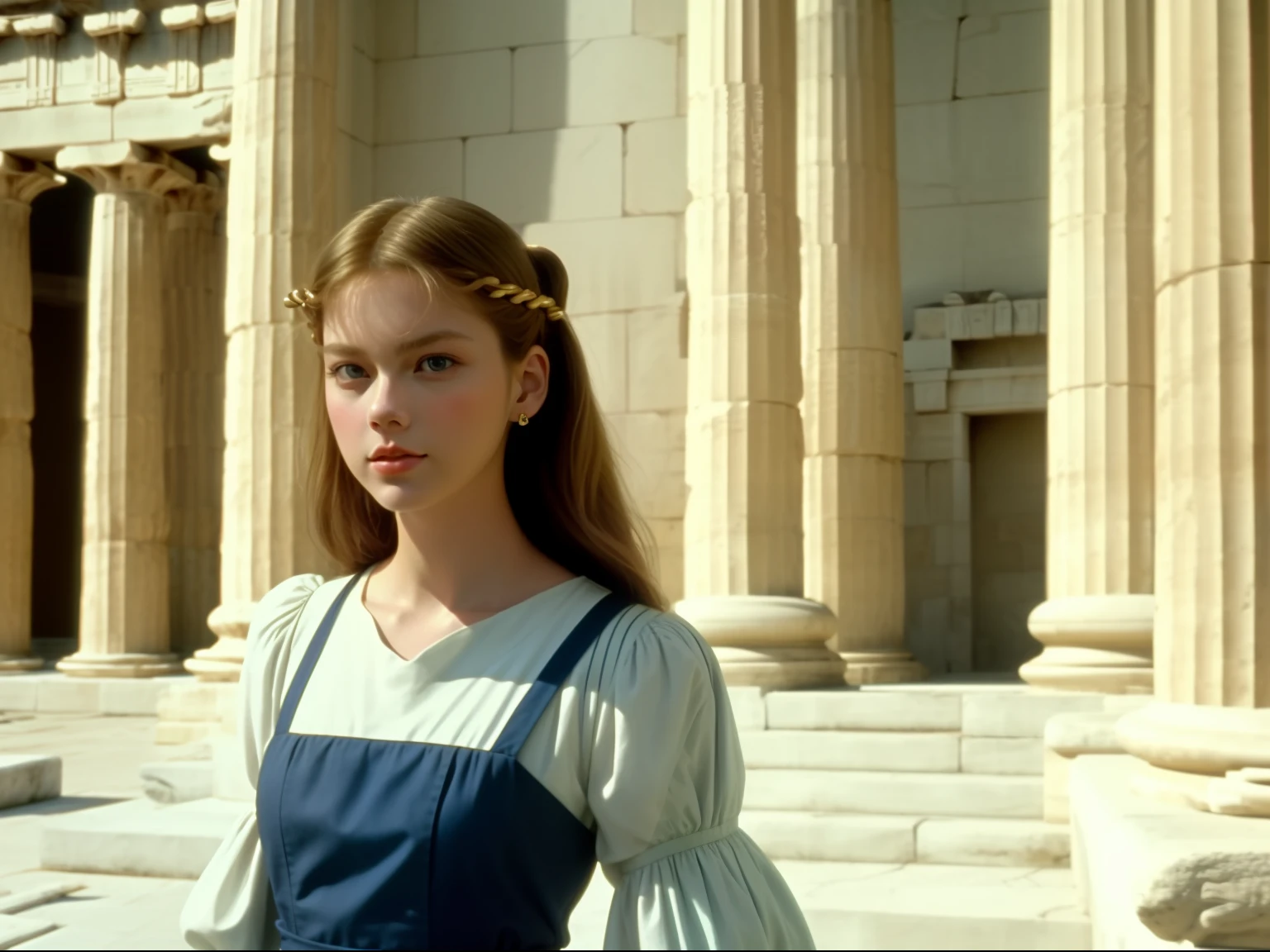 close up, the 90s scene movie, a young woman in standing in a palace in the ancient greek period, a screen shot by Chen jiru, featured on tumblr, aestheticism, drama movie, beauty face, movie still, 1990s, look like taylor swift, film grain, the ancient greek periody outfit, Greek mythology era