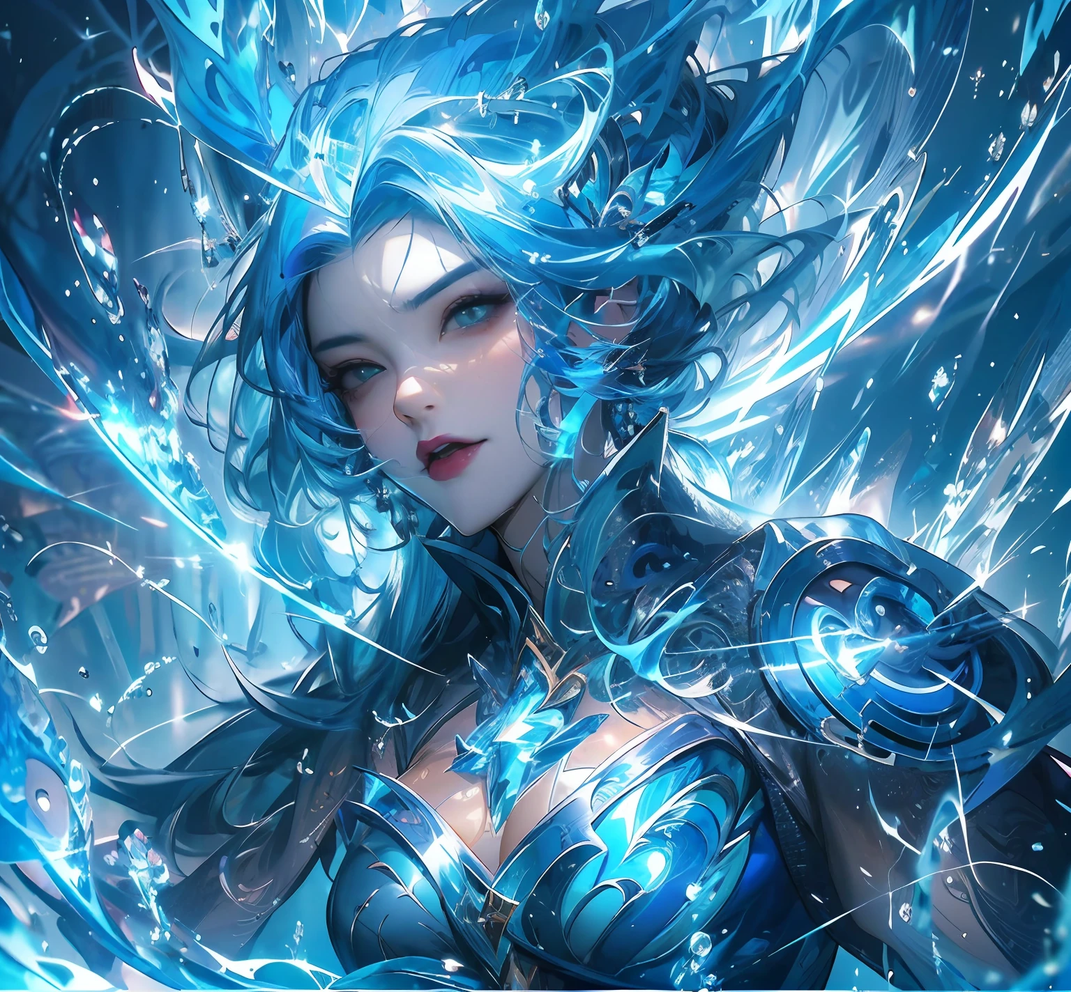 a close up of a woman with a blue hair and a blue dress, Ice Mage, ice sorceress, ice spell, queen of ice and storm, Arte do Jogo de Cartas de Fantasia, Female lightning genus, iridescence water elemental, full art, Asian Woman Water Elemental, wallpaper splash art promo art, league of legends splashart