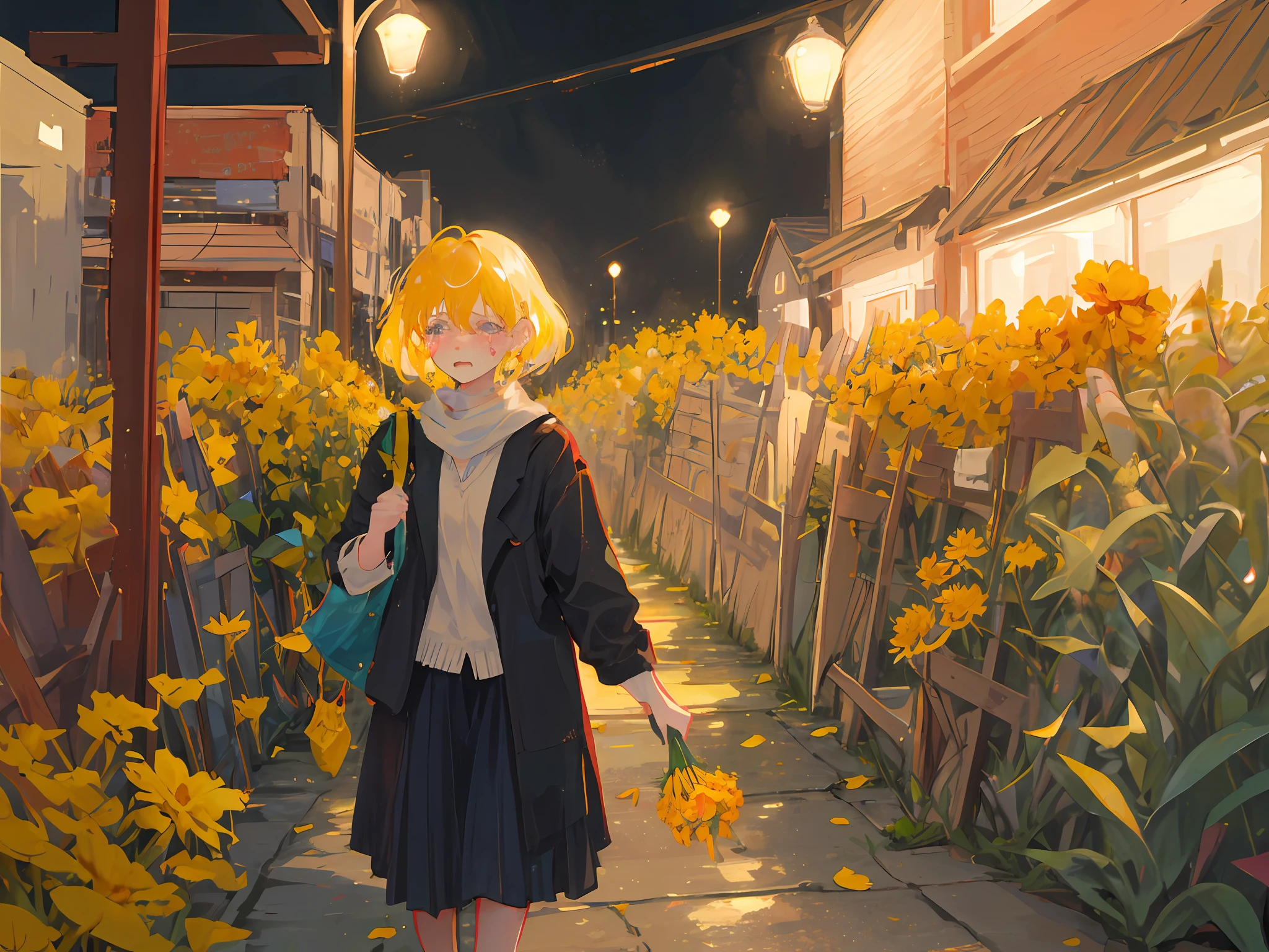 One girl is walking down the street at night with marigolds in one hand with tears in her eyes
