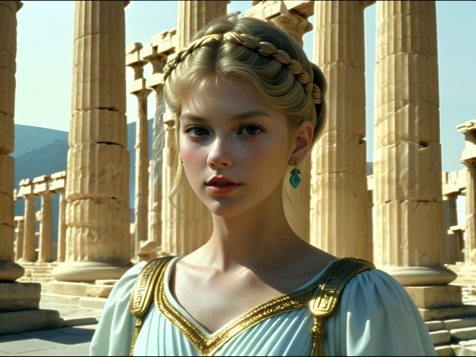 close up, the 90s scene movie, a young woman in standing in a palace in the ancient greek period, a screen shot by Chen jiru, featured on tumblr, aestheticism, drama movie, beauty face, movie still, 1990s, look like taylor swift, film grain, the ancient greek periody outfit, Greek mythology era