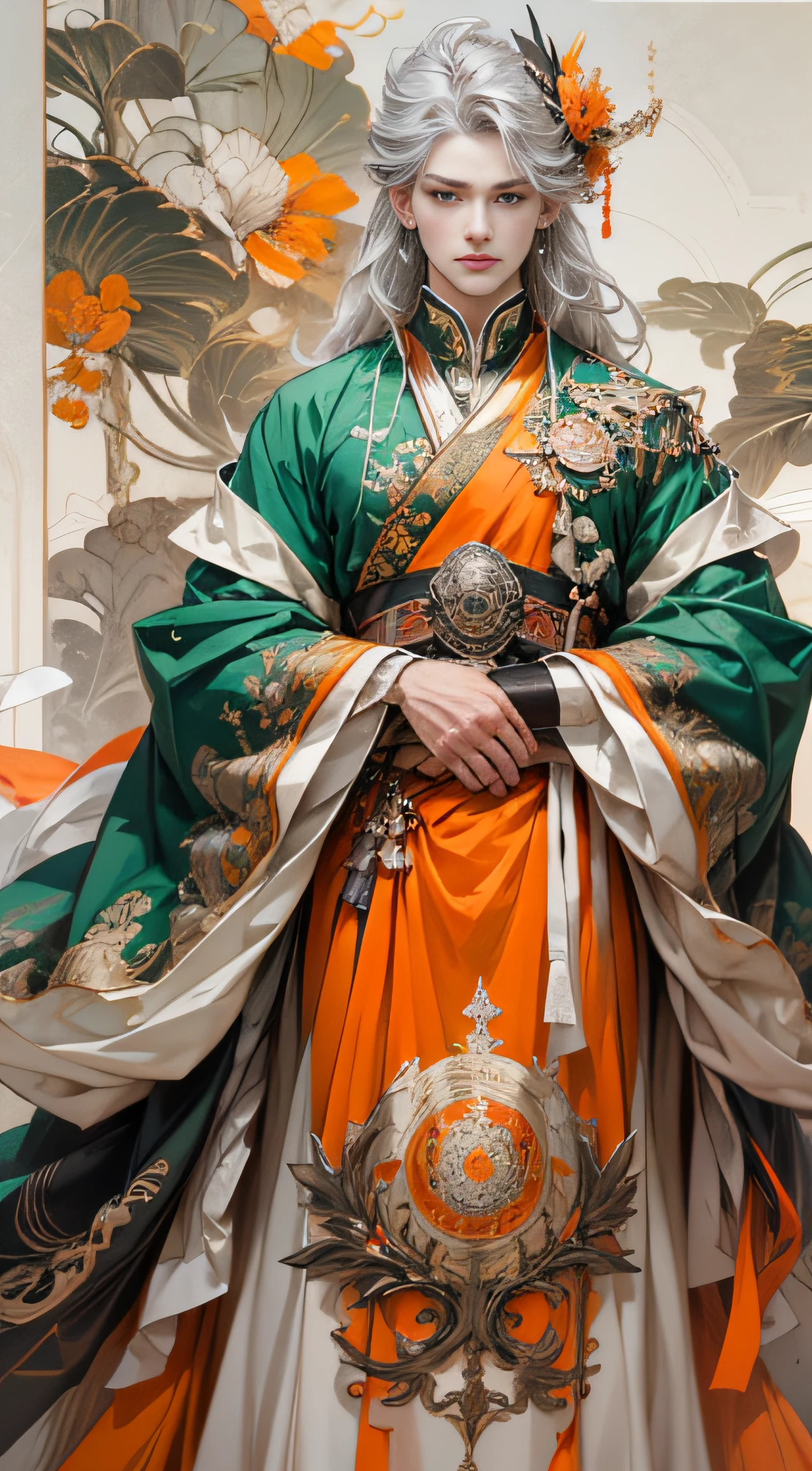 green color:1.5,Orange:1.1,white colors:1.3,amarelo:1.3,（Handsome boy, Long flowing silver hair), Fashionable clothing, Charming eyes，ellegance，Abstract line and circle background，high qulity，Ultra-clear details，tmasterpiece，Works of masters，winning artwork，8K