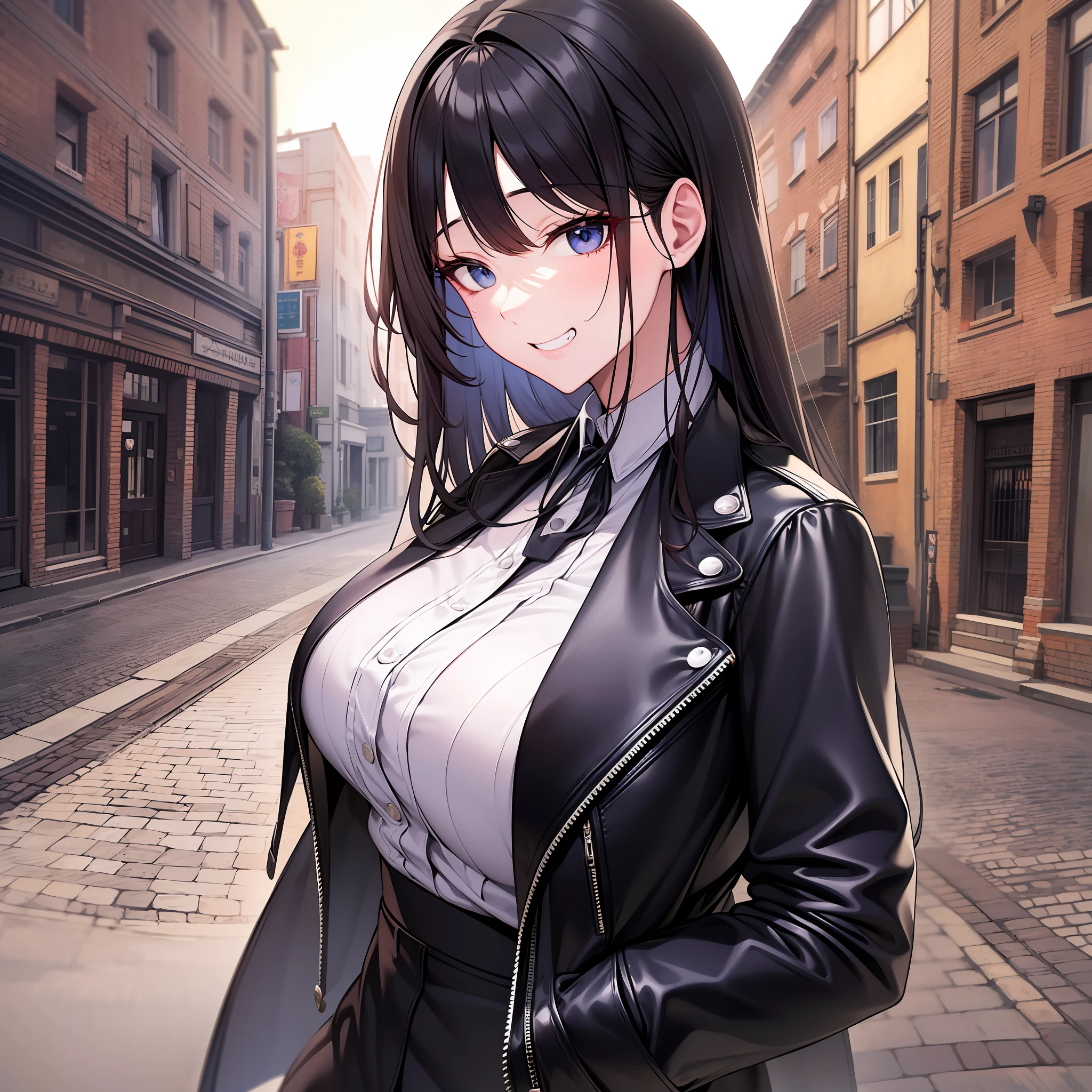 (masterpiece:1.6、top-quality)、(Fine and beautiful eyes: 1.2)、(looking-down)、hightquality、beautiful countenance、1girl in、Leather tight skirt、Oversized leather jacket, Colossal tits, long, wide-hips, (sideways Facing, ), Street, Background with, detailedbackground,Creepy grin、Laughter at the corners of his mouth、long court、Shirt、neck tie、OL、PastelColors