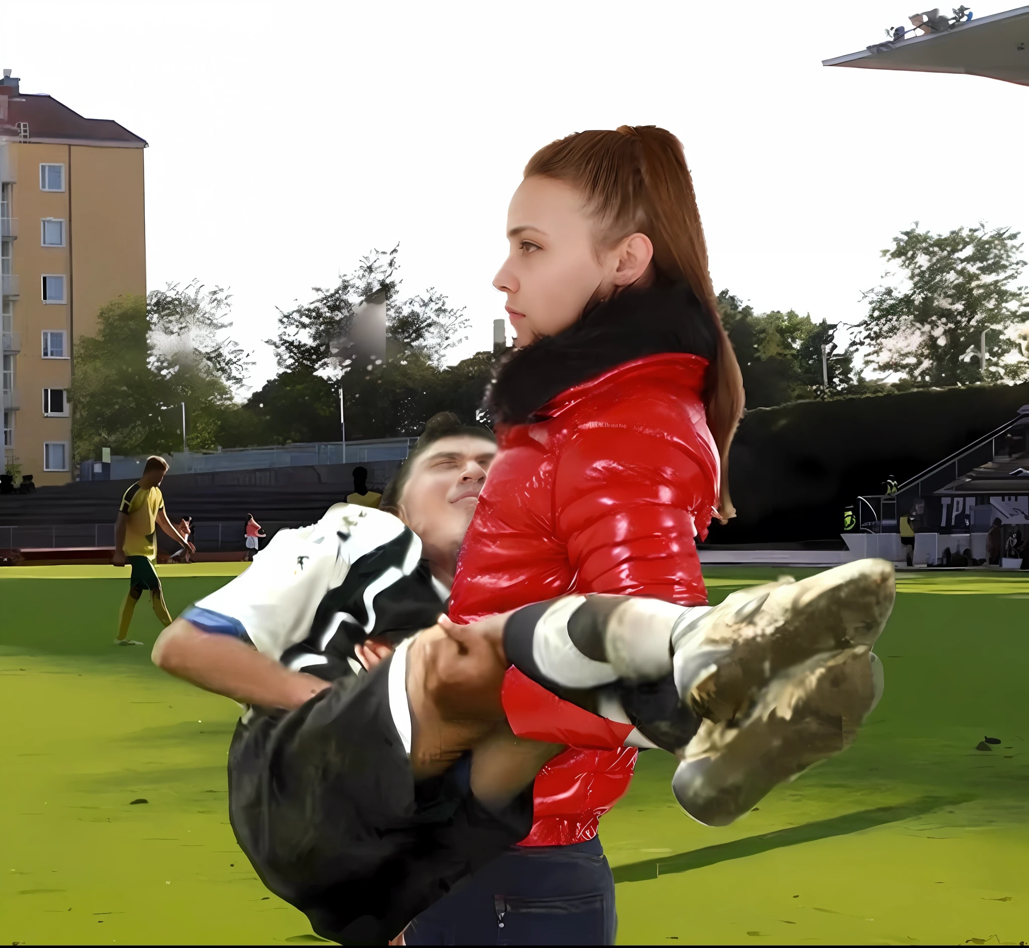 soccer action pose, affection pose, lecherous action pose, dramatic action pose, theatralic pose, there is an attractive woman that is carrying a skinny man, there is a beautiful woman in a shiny coat who is carrying a blond man in her arms, a longhaired beautiful woman in a high-shine black puffy coat, a longhaired woman in a shiny downcoat, a woman is carrying a shorthaired man who is wearing matte cotton shorts and a matte cotton t-shirt, a weak man in matte cotton sports shorts is consciousless and needs to be carried, a shorthaired man with closed eyes is carried in the arms of a longhaired woman, a woman looks very scared and terrified, a consciousless man with closed eyes is suffering very much and has a very painful face, photo, photo shoot, photographed , accident, help, aid, first aid, pity