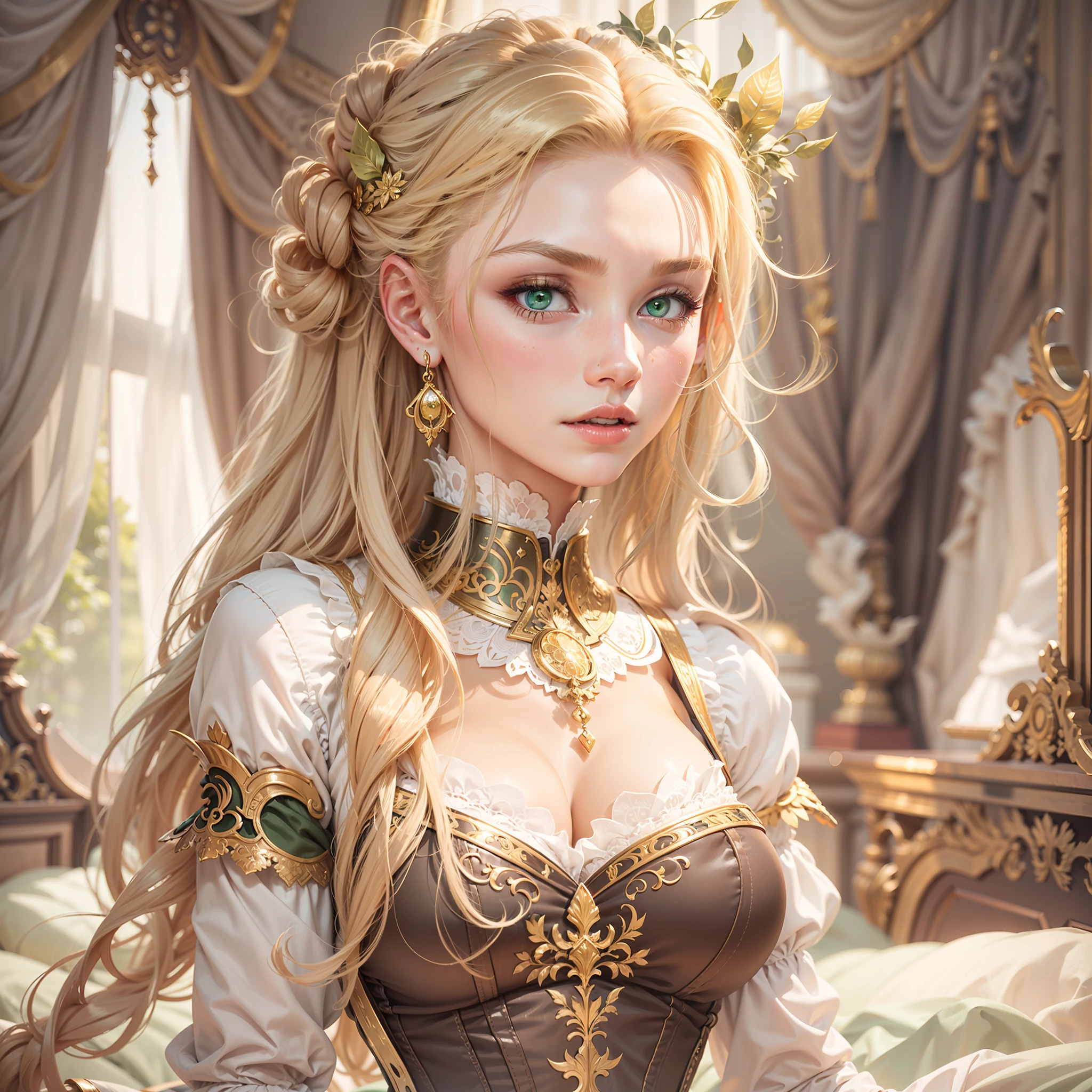 young girl, (20years old), Tall stature, athletic build, White Skin Skin, European noble face, closed mouth, blond hair, Green eyes, Straight nose, Big nose, pronounced cheekbones, high cheekbones, Thin neck, noble clothes, gold dress with corset, Inside the ornate bedroom, standingn.