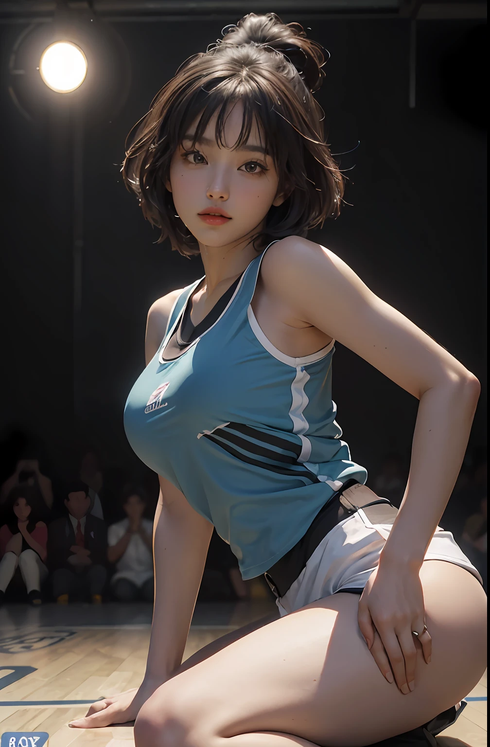 (RAW photo, 4k, masterpiece, high resolution, extremely complex) (realistic: 1.4), cinematic lighting Delicate girl with facial features
1 Girl, Single Focus, Summer Noon, Hot, 1990s\(Style\), Skin White, (Big Breast, Cleavage), (Best Quality), (Highres), (An Extremely Delicate and Beautiful),,(Beautiful 8k face),(Brown Eyes),(ulzzang-6500:1.0),(solo),( looking side),(spectators),(large breasts),(NBA),bent over,,lookside,(side), ,(Basketball sportswear),((Play basketball)),((gymnasium)),((speed)),(reality),