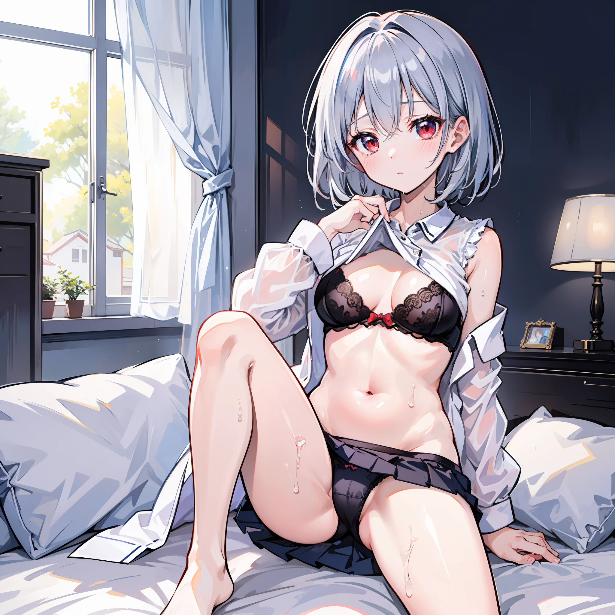 Silver-haired,  with red eyes lying barefoot on bed，showing your whole body，Wear leaky navel pajamas and miniskirts，，She lifted her pajamas with one hand to show her bra，With one hand lifted the nightdress to expose the panties，She looked shy，hightquality，ultra - detailed、Open your crotch、The crotch is wet、Underwear is sheer、one girls、Short hair