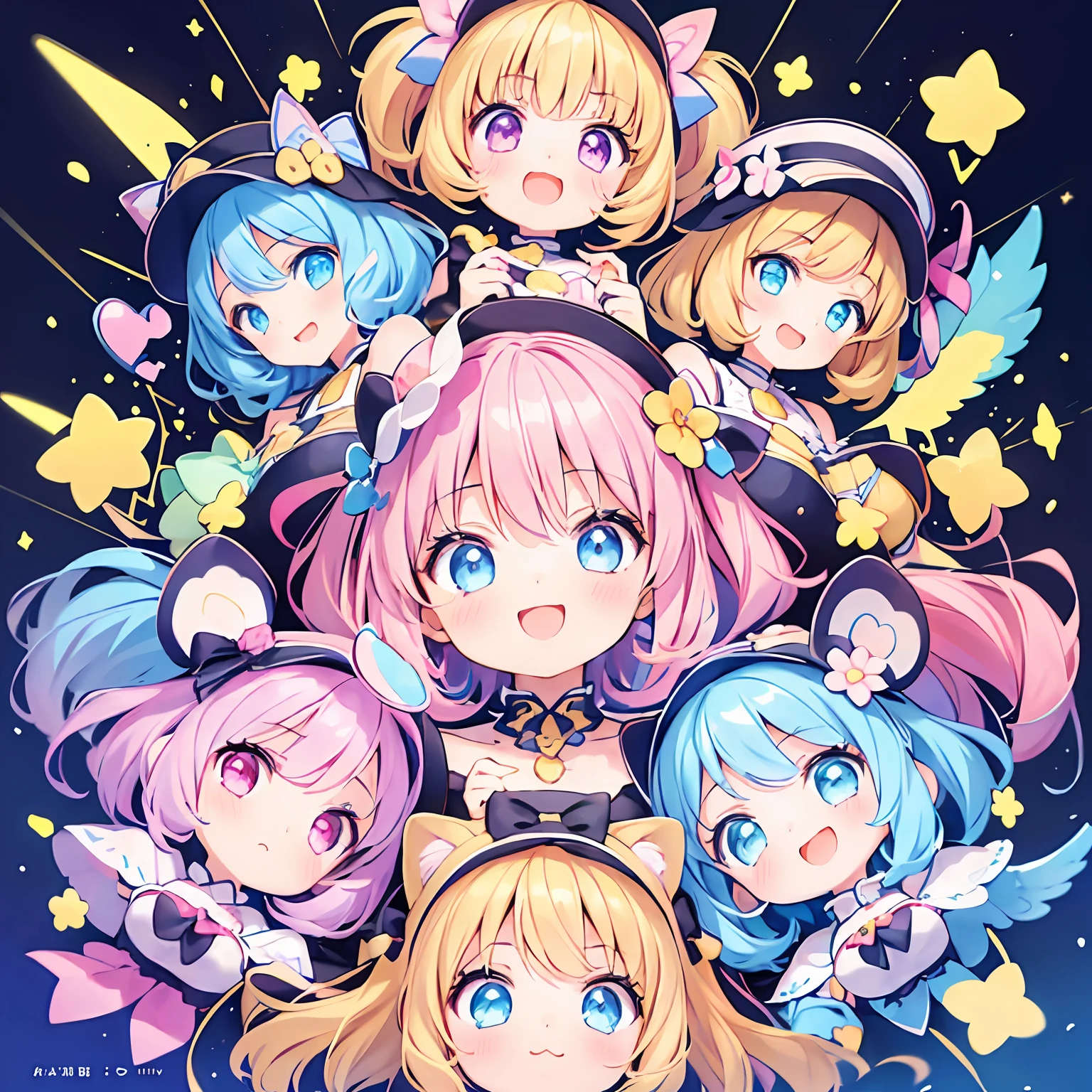 masterpiece, (2girls and 2girls and 2girls and 2girls), idol, closeup, big eyes, kawaiitech, kawaii, cute, pastel colors, best quality, happy, deep background, symmetrical, tilted head, summer, cover, title