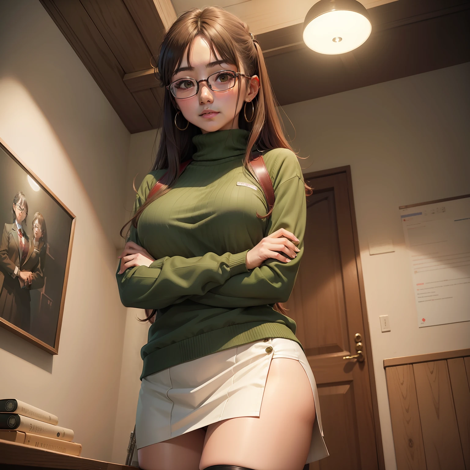 (masterpiece, best quality:1.2), cowboy shot, solo, 1girl, hasegawa chisato, slight smile, looking at viewer, crossed arms, antenna hair, glasses, red-framed eyewear, semi-rimless eyewear, labcoat, ribbed sweater, turtleneck, skirt, thighhighs, garter straps, jewelry, earrings, large breasts, Chisato Hasegawa, Green shirt
