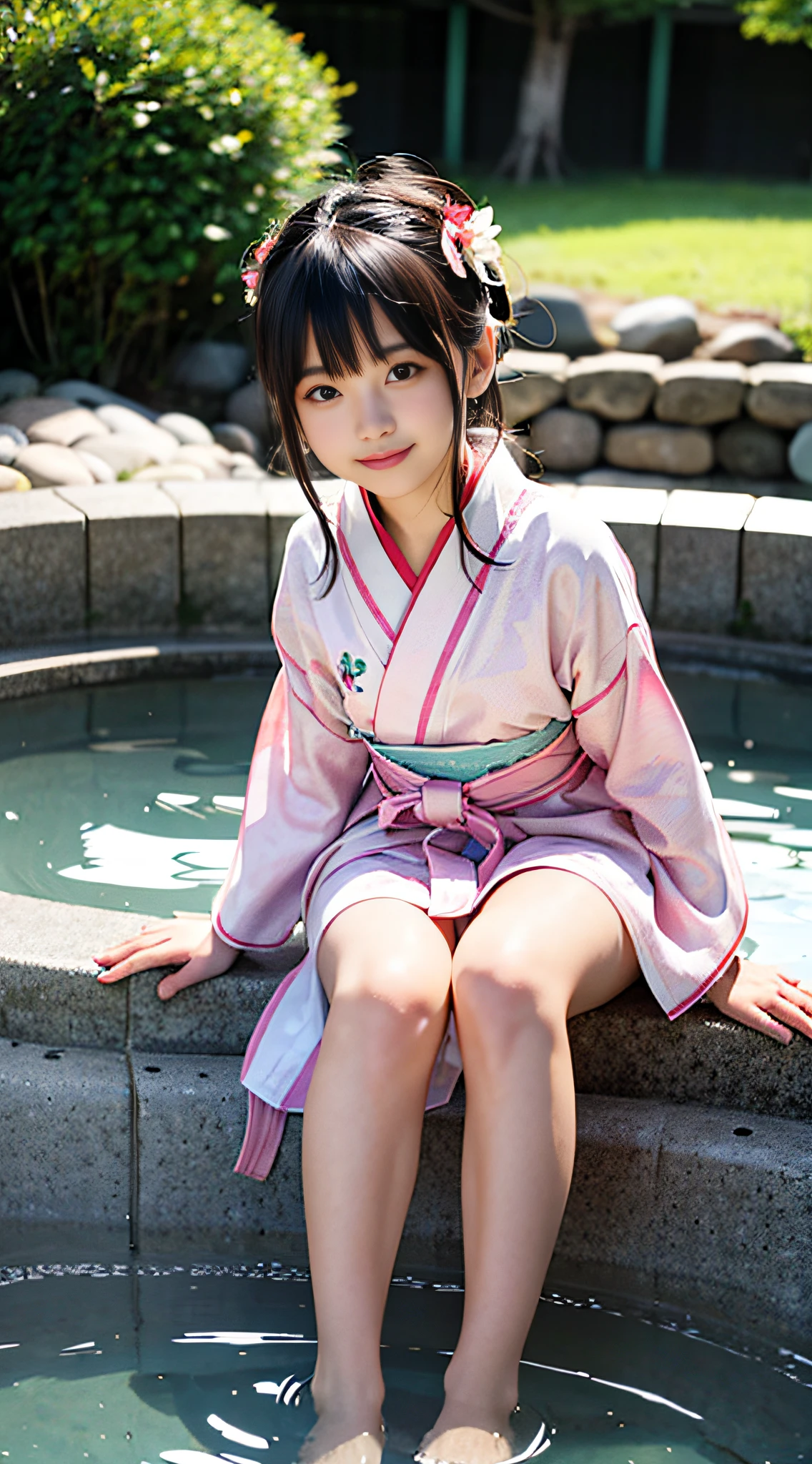 Beautiful bathing in outdoor hot spring、Hakata yukata、yuki