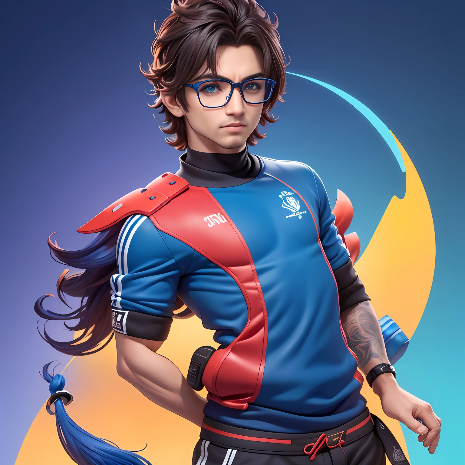 (extremamente detalhado CG unificado 8k wallpaper), estilo de brinquedo da caixa cega, um menino bonito com cabelo castanho, curto, eyeglass, moletom preto com capuz, fundo limpo azul claro, parte superior do corpo, Close-up do avatar,
