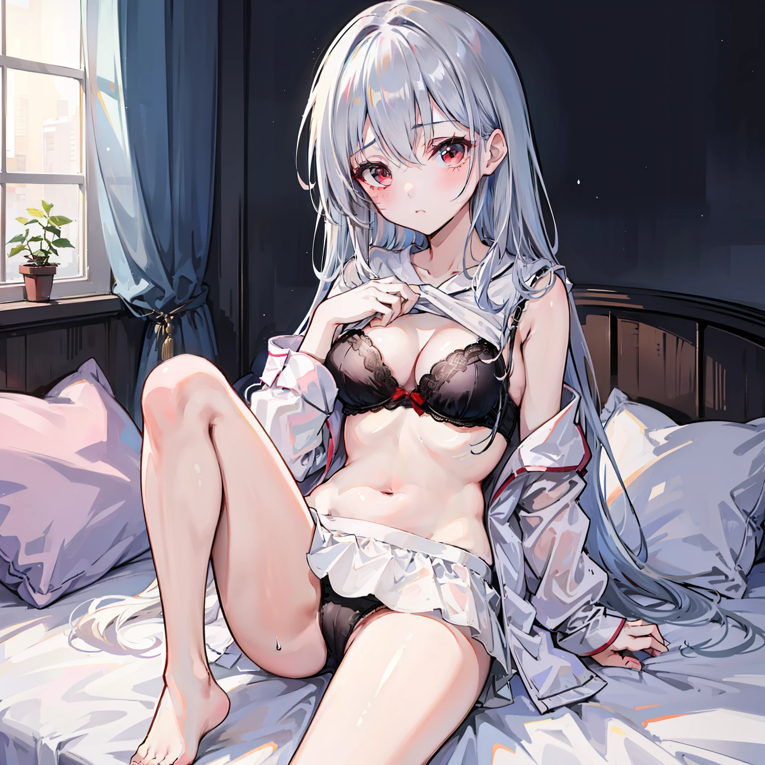 Silver-haired, Little with red eyes lying barefoot on bed,showing your whole body,Wear leaky navel pajamas and miniskirts,,She lifted her pajamas with one hand to show her bra,With one hand lifted the nightdress to expose the panties,She looked shy,hightquality,ultra - detailed、open one's legs、
