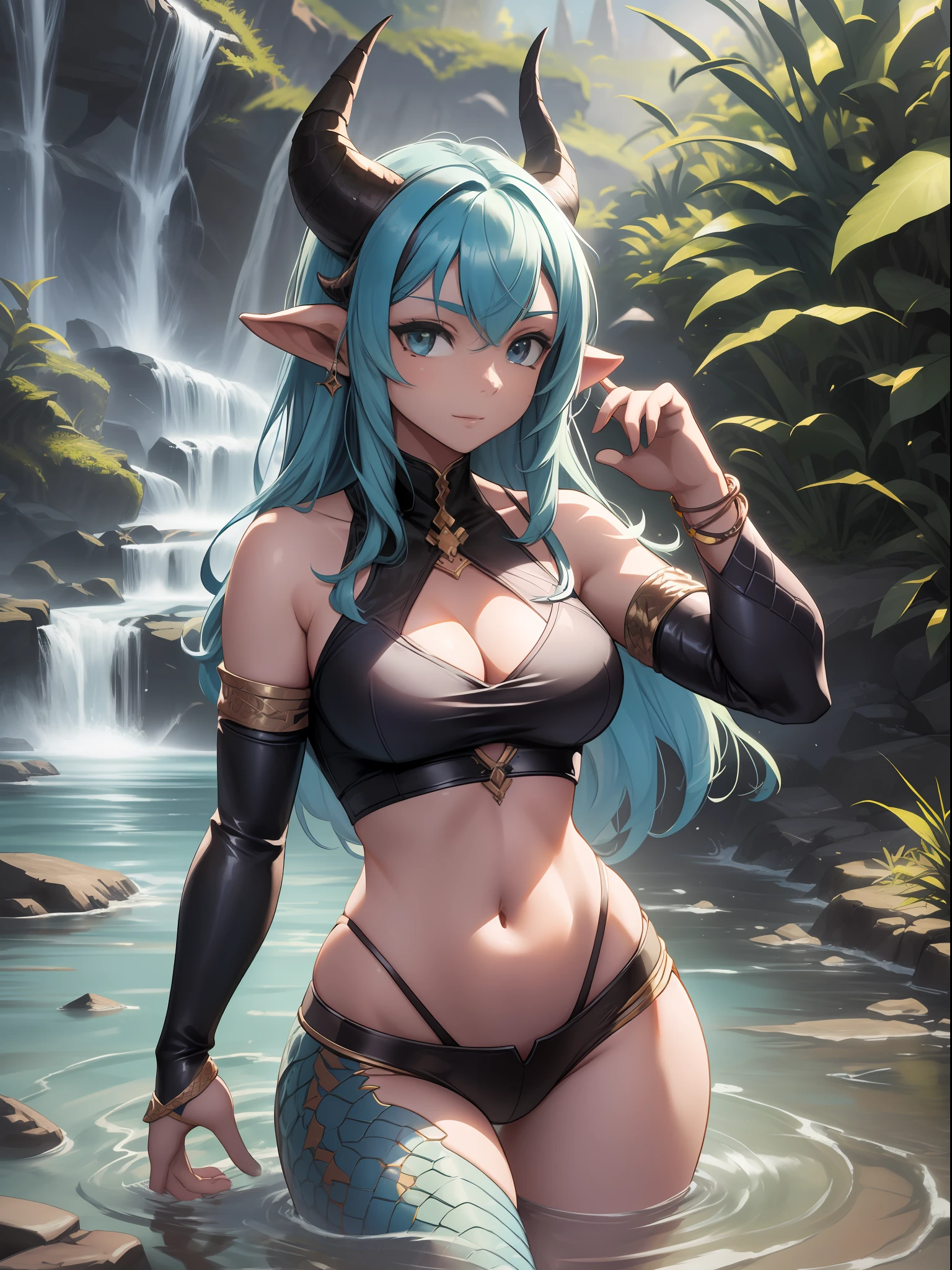 mulher, (corpo delicado), (corpo esbelto), (corpo pequeno), (skin with dragon scales), (pele morena), (escama texturizada), (scales on the arm), (cabelos multicoloridos), se espreguiçando, (Cabelos Longos), (dragon horns), capa de feiticeira, with water around the character, etiqueta, Estilo anime, Realismo, ray tracing, reflection light, lateralmente, perspectiva, panorama, master part, super detalhe, alta qualidade, detalhes altos, melhor qualidade