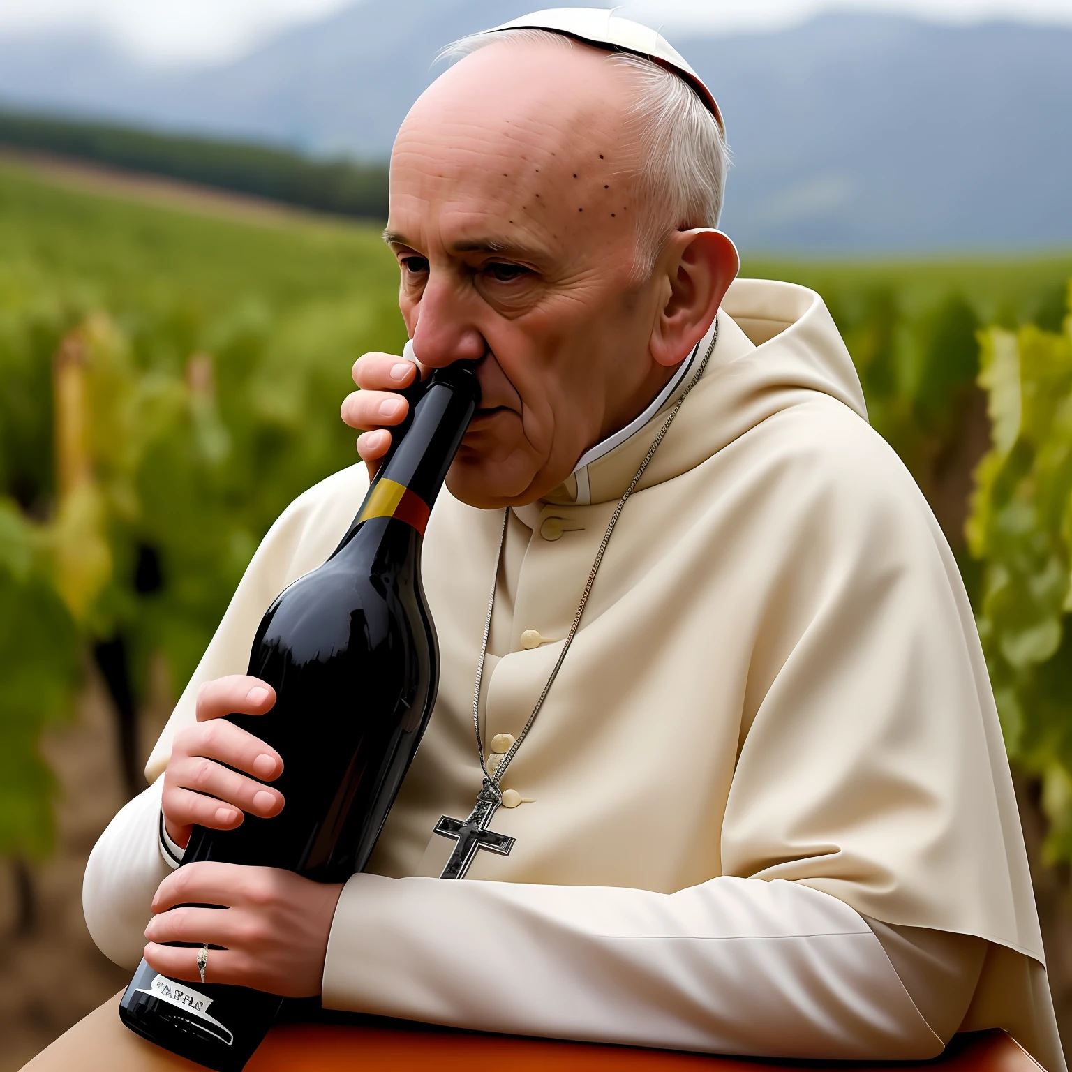 Papa Francisco drinking wine from the peak of the bottle ,muy realista, alta calidad, 8k resolution Photorealistic masterpiece
