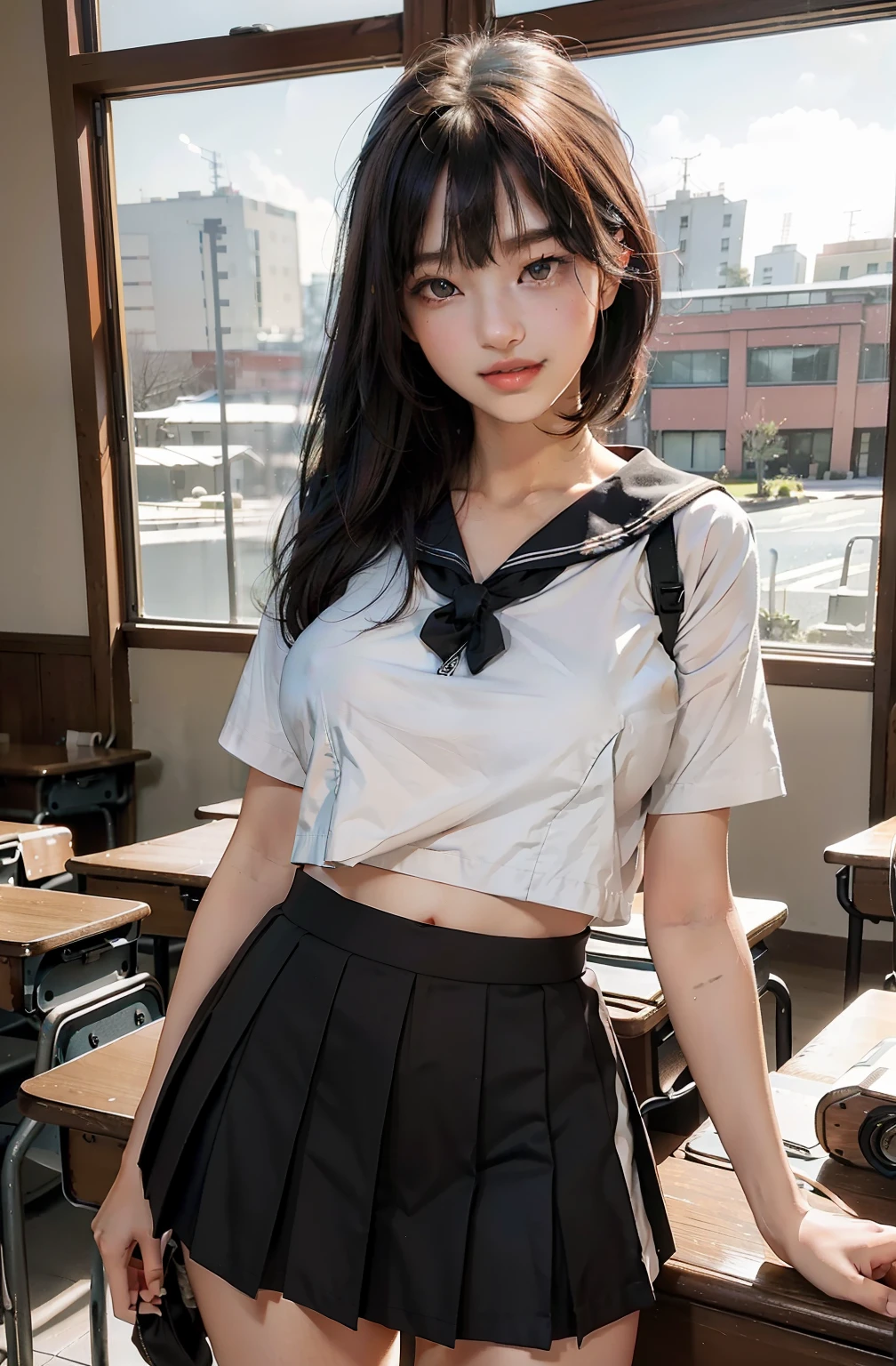 top-quality、masterpiece、超A high resolution、(Photorealsitic:1.4)、Raw photo、女の子1人、Brown hair with bangs、drooing eyes、thin-waist、Colossal tits、Japan schoolgirl sailor suit、Black miniskirt、Inside the classroom、slim figure、Light smile with visible teeth