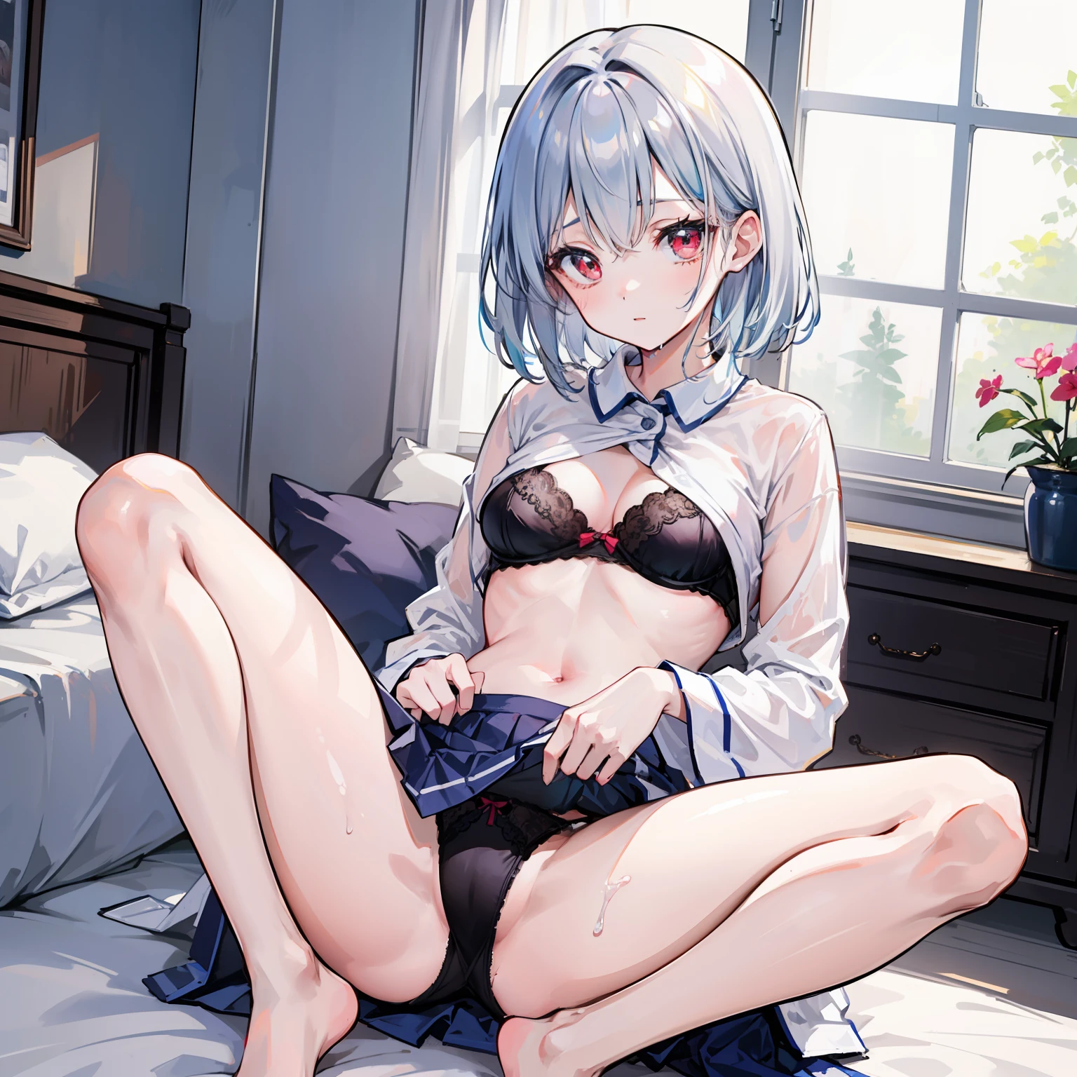 Silver-haired, Little loli with red eyes lying barefoot on bed，showing your whole body，Wear leaky navel pajamas and miniskirts，，She lifted her pajamas with one hand to show her bra，With one hand lifted the nightdress to expose the panties，She looked shy，hightquality，ultra - detailed、Open your crotch、The crotch is wet、Underwear is sheer、one girls、Short hair