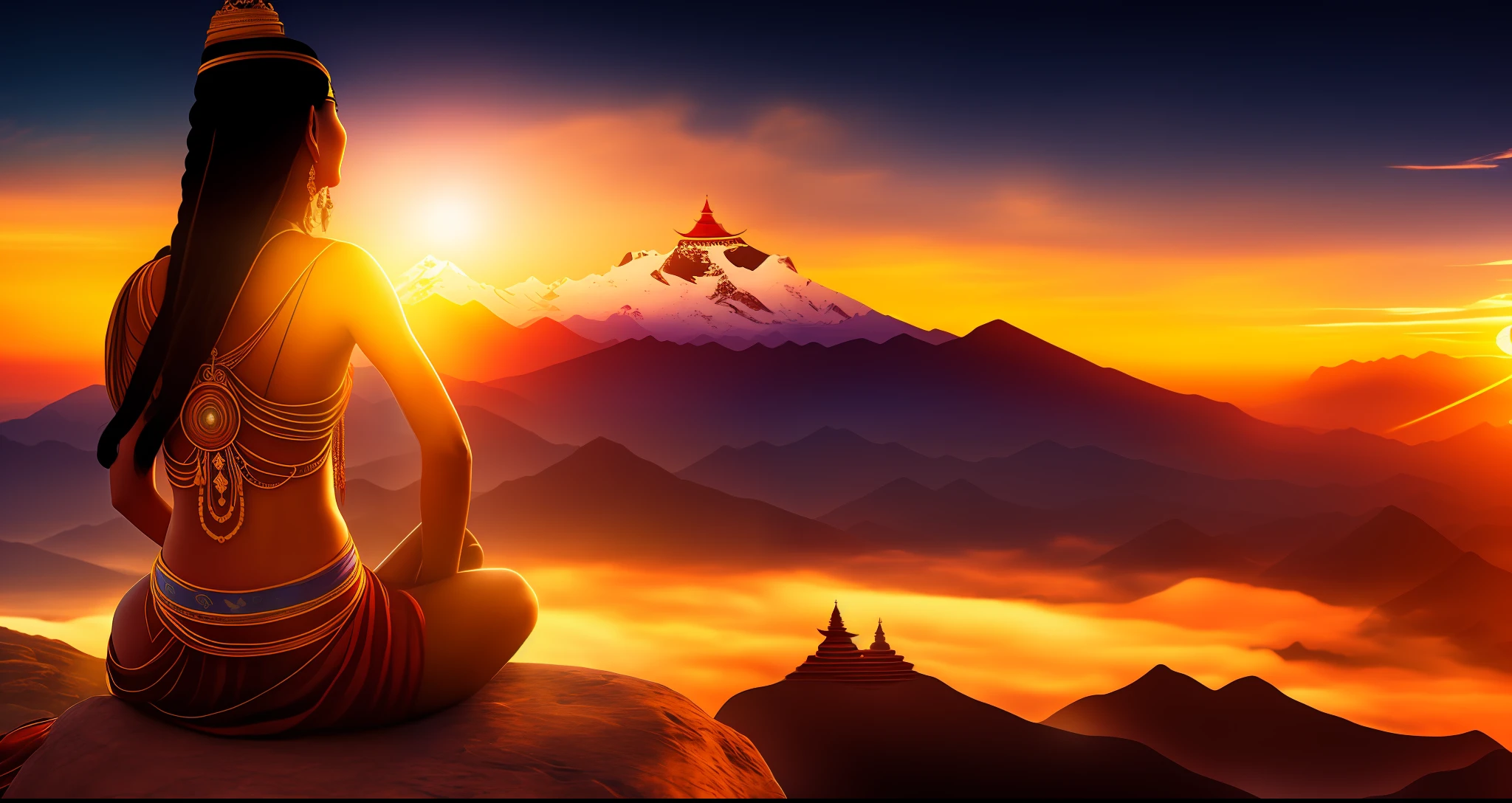 Young tantric priestess in loincloth with tattoos and percings looking at the horizon on a mountain in Tibet at sunset with stars Ultra-realistic photo --auto