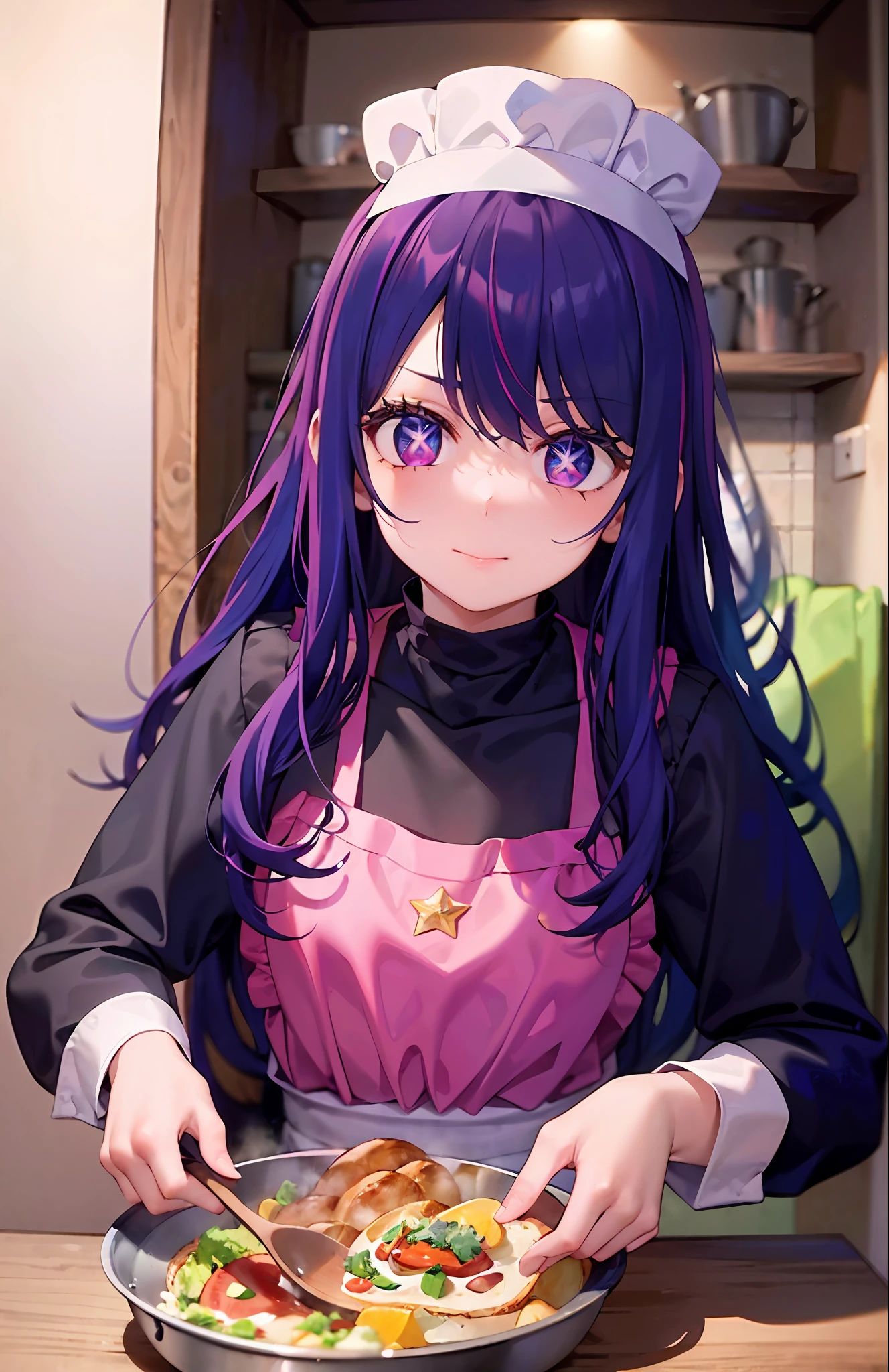 one-girl,Cook((There is a five-pointed star in the eye))Gorgeous Hair in Long Purple,looki at viewer,Chef costume,chef hat,kitchens,