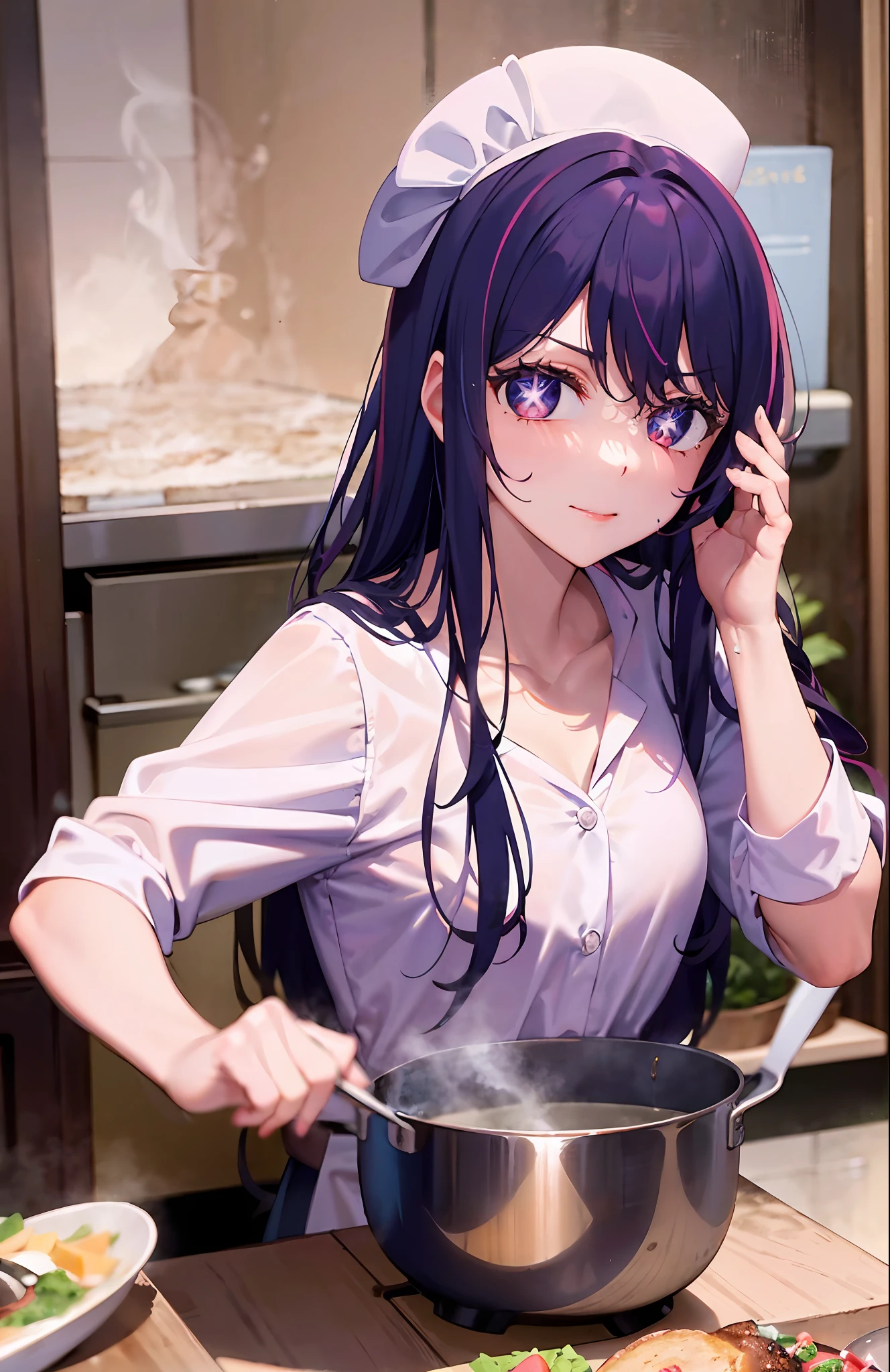 one-girl,Cook((There is a five-pointed star in the eye))Gorgeous Hair in Long Purple,looki at viewer,Chef costume,chef hat,kitchens,