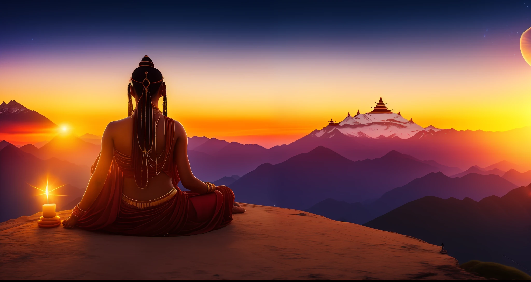 Young tantric priestess in loincloth with tattoos and percings looking at the horizon on a mountain in Tibet at sunset with stars Ultra-realistic photo --auto