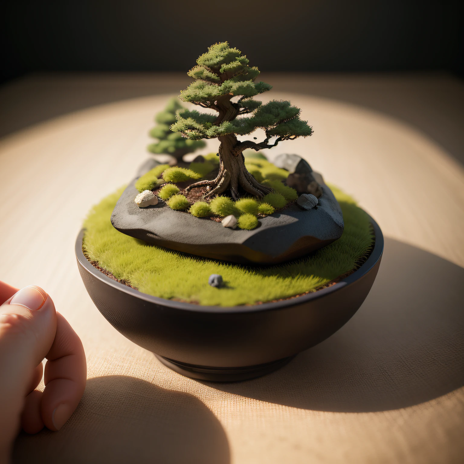 Miniature Bonsai landscape with dolls on top of Realistic, Photography, Studio lighting, shot by Phase One camera, HDR clarity detail, Hyperfocal length, 8K, Ultra Realistic