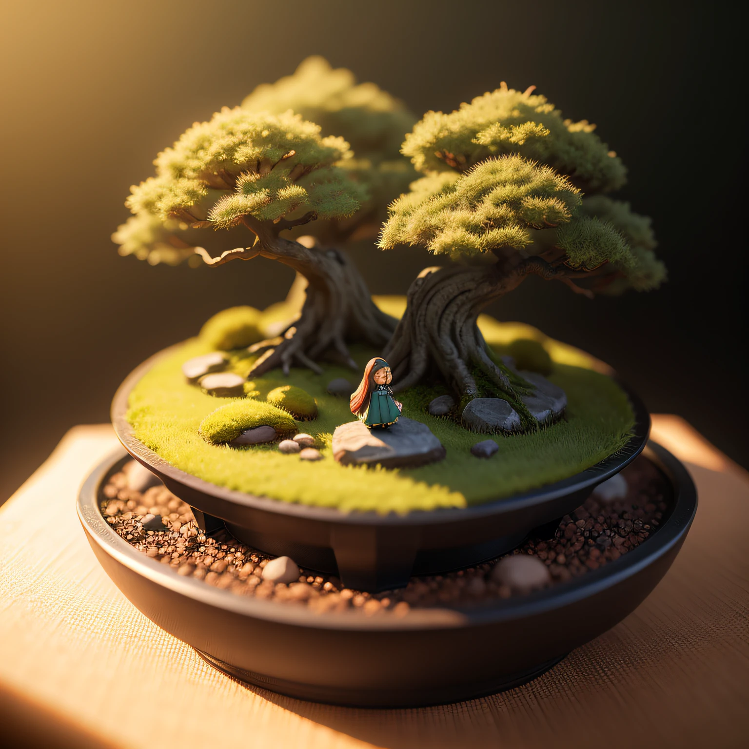 Miniature Bonsai landscape with dolls on top of Realistic, Photography, Studio lighting, shot by Phase One camera, HDR clarity detail, Hyperfocal length, 8K, Ultra Realistic
