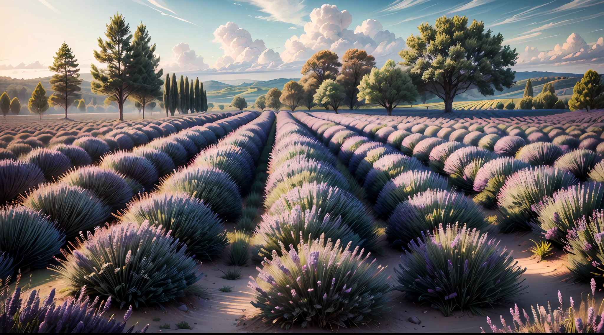 A breathtaking lavender field in bloom, nestled in the enchanting countryside of the south of France. The field is alive with vibrant colors, with rows upon rows of lavender plants swaying gracefully in the gentle summer breeze. The landscape is complemented by the presence of tall cypress trees that stand like sentinels, offering shade and adding an element of elegance to the scene. The sky above is a brilliant blue, adorned with fluffy white clouds that add depth to the atmosphere. The air is warm and carries the sweet scent of lavender, creating a dreamlike ambiance. The mood is cheerful and inviting, inviting visitors to wander through the fragrant lavender paradise. Painting, using watercolors, capturing the play of light and color in the lavender field, evoking a sense of joy and serenity