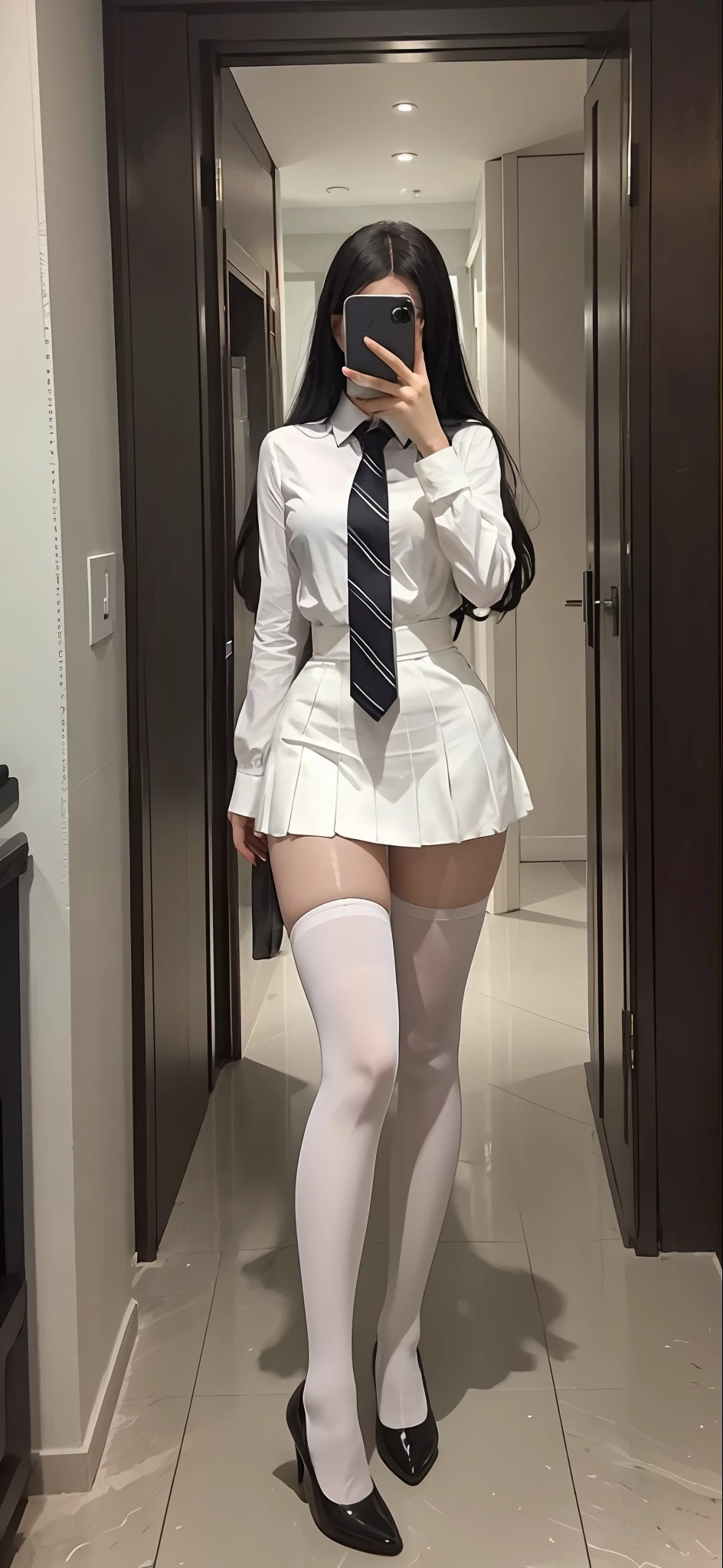 There is a woman in a skirt and tie taking a picture, thighhighs and skirt, Surrealism female students, Full length and black and white stockings, Surrealism female students, smooth white tight clothes suit, Anime Barbie in black and white stockings, photorealistic full body, Realistic schoolgirl, Black and white silk garment, height of 165cm, on a mannequin. High quality