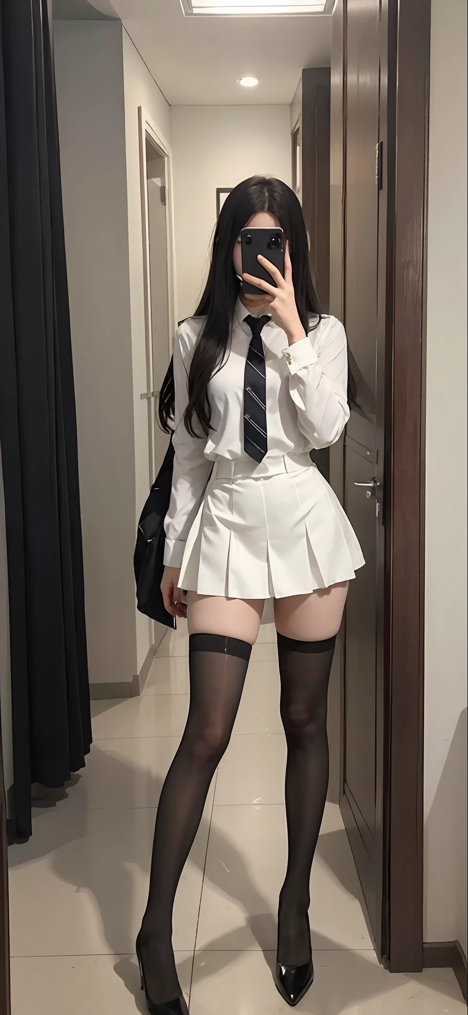 There is a woman in a skirt and tie taking a picture, thighhighs and skirt, Surrealism female students, Full length and black and white stockings, Surrealism female students, smooth white tight clothes suit, Anime Barbie in black and white stockings, photorealistic full body, Realistic schoolgirl, Black and white silk garment, height of 165cm, on a mannequin. High quality