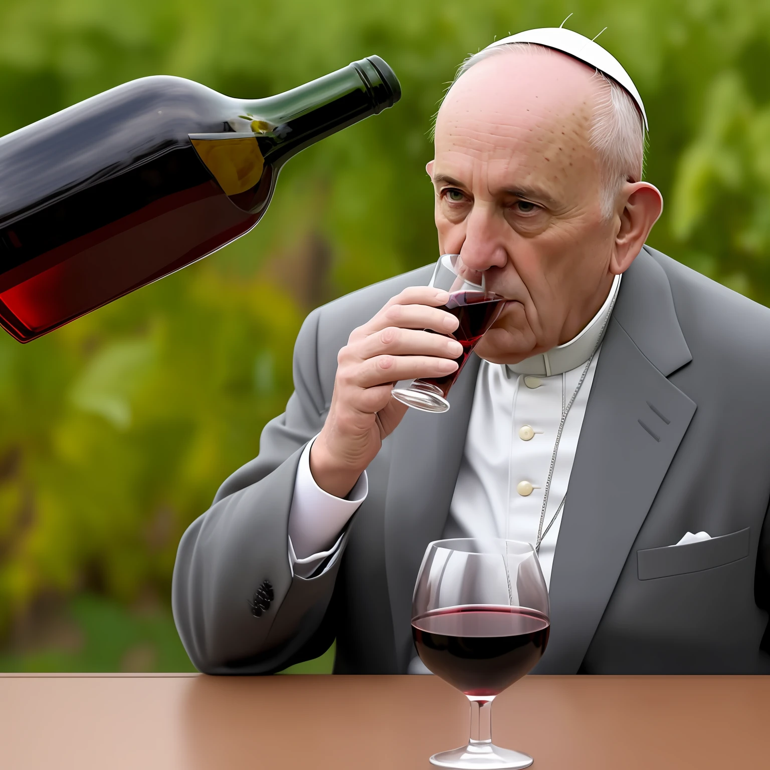Papa Francisco drinking wine from the peak of the bottle ,muy realista, alta calidad, 8k resolution Photorealistic masterpiece
