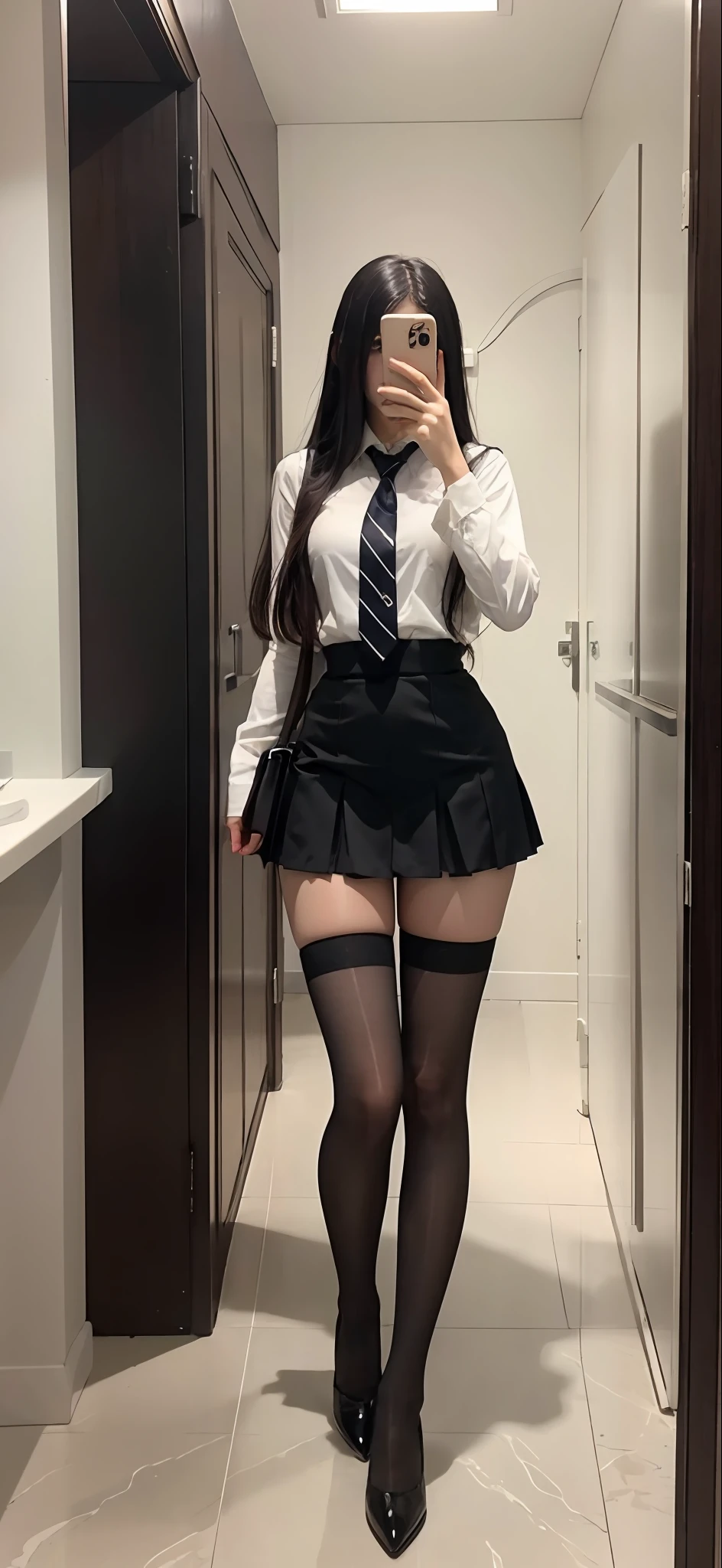 There is a woman in a skirt and tie taking a picture, thighhighs and skirt, Surrealism female students, Full length and black and white stockings, Surrealism female students, smooth white tight clothes suit, Anime Barbie in black and white stockings, photorealistic full body, Realistic schoolgirl, Black and white silk garment, height of 165cm, on a mannequin. High quality