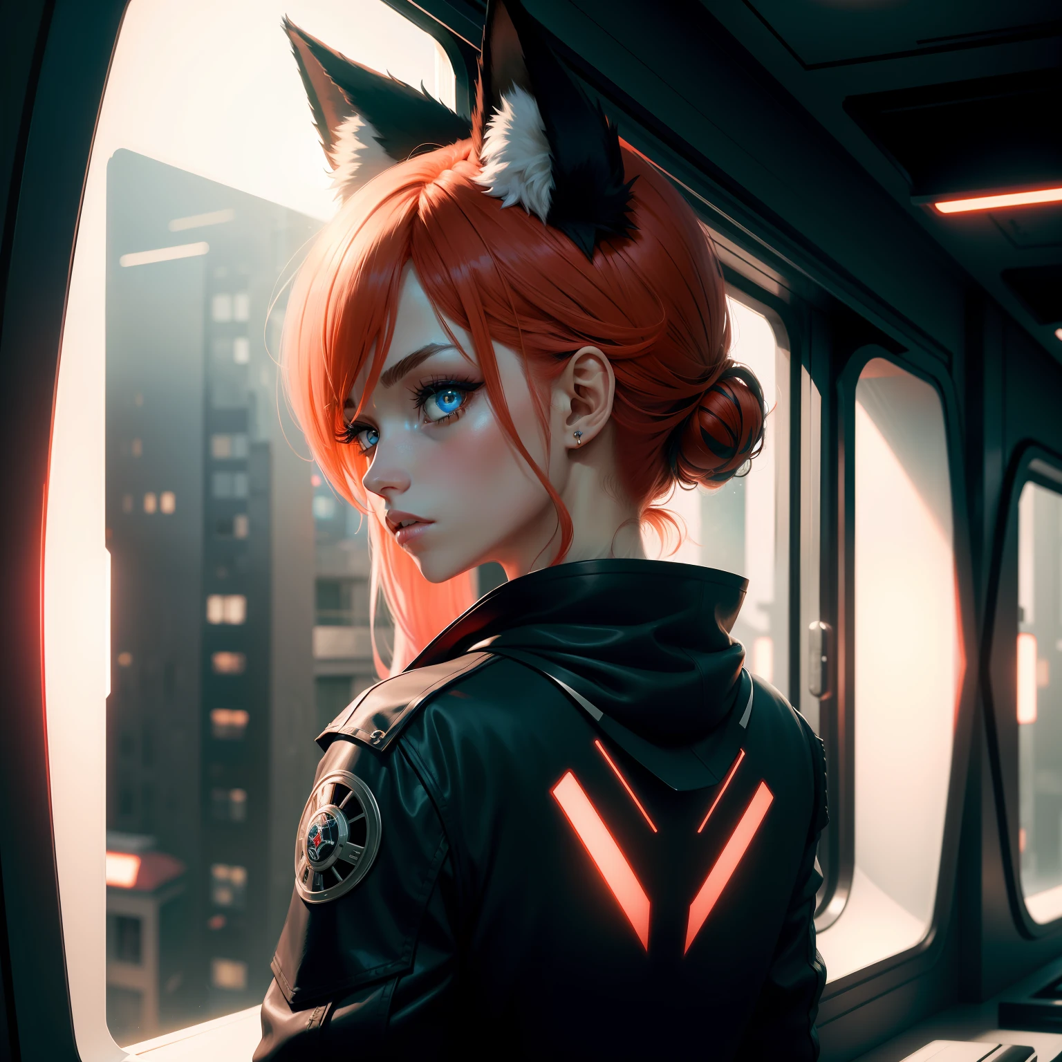 tmasterpiece, best qualit, hyper-detailing, best shadow, beautidful eyes, cyber punk perssonage, High contrast, neonlight, The light from the back window is backlighted, Retro-Future, red hair, white hair, shy, fox ears, pupils sparkling, multicolored hair, anime, chiaroscuro, masterpiece, UHD, high details, best quality, highres