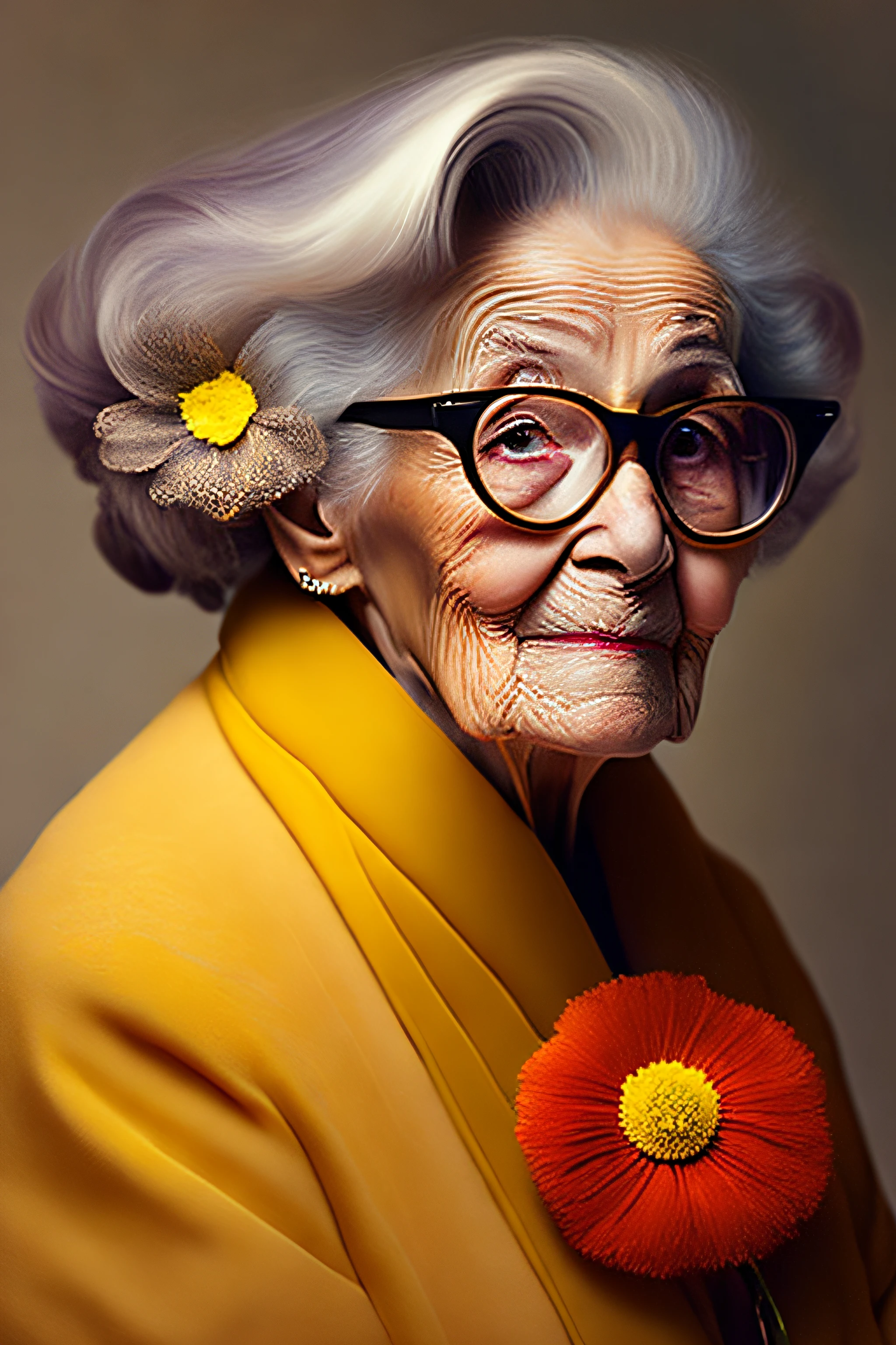 an older woman with yellow glasses and a flower in her hair, a photorealistic painting by derek zabrocki, tumblr, hyperrealism, hyperrealistic digital art, stunning artwork, ultra-realistic digital art, highly realistic digital art, hyperrealistic mixed media, hyper realistic digital art, old lady, beeple and jean giraud, the look of an elderly person