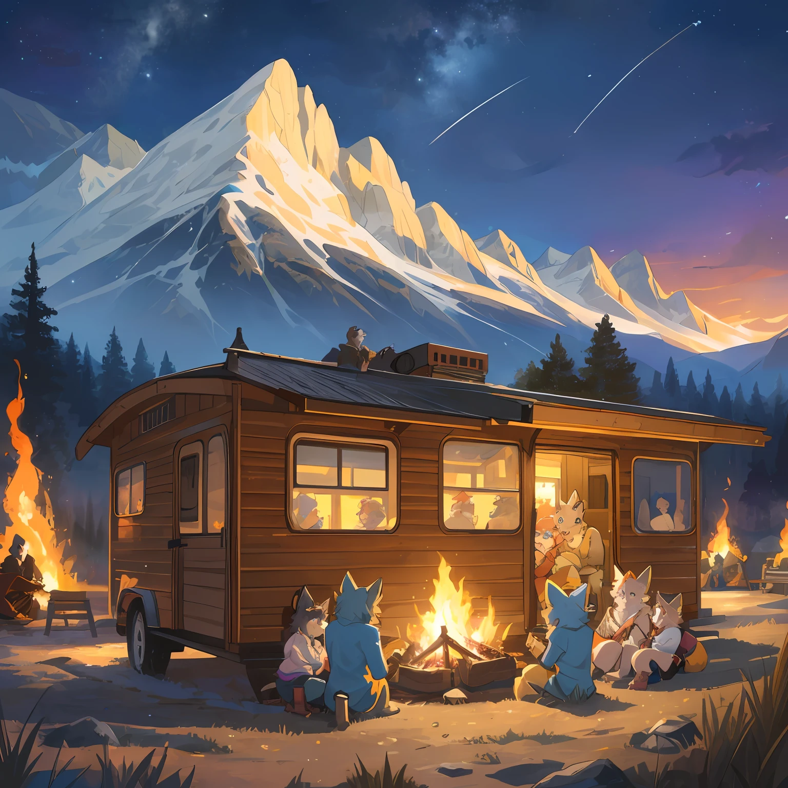 top quality, best quality, High-quality illustrations, masterpiece, super high resolution, detailed background, detailed background, Campsite in the mountains, group shot, 6+boys, 6+girls, camp-fire, night sky, absurdres(highly detailed beautiful face and eyes)perfect anatomy(Photo of family trip)(kemono, furry anthro)selfie,