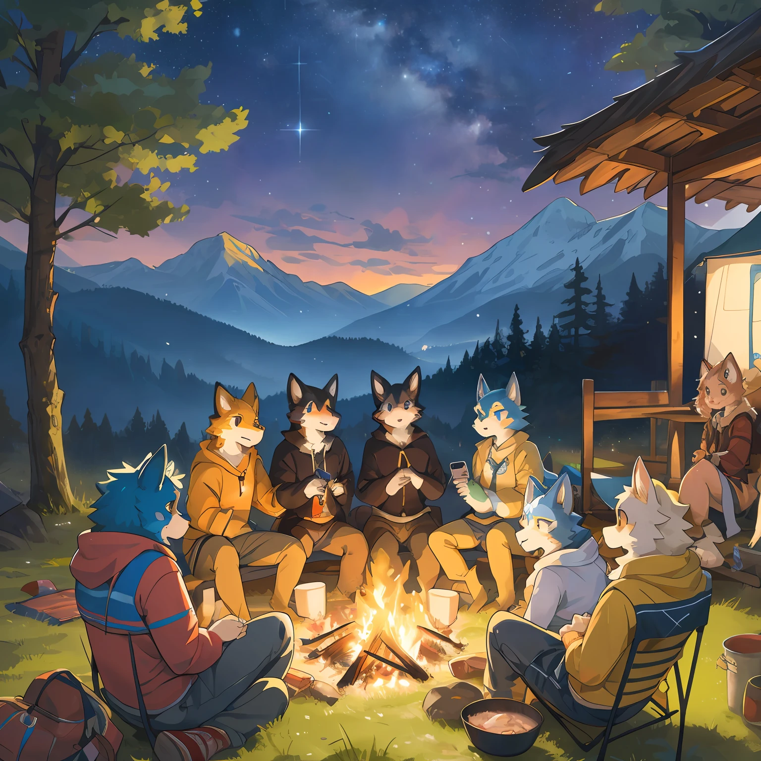 top quality, best quality, High-quality illustrations, masterpiece, super high resolution, detailed background, detailed background, Campsite in the mountains, group shot, 6+boys, 6+girls, camp-fire, night sky, absurdres(highly detailed beautiful face and eyes)perfect anatomy(Photo of family trip)(kemono, furry anthro)selfie,