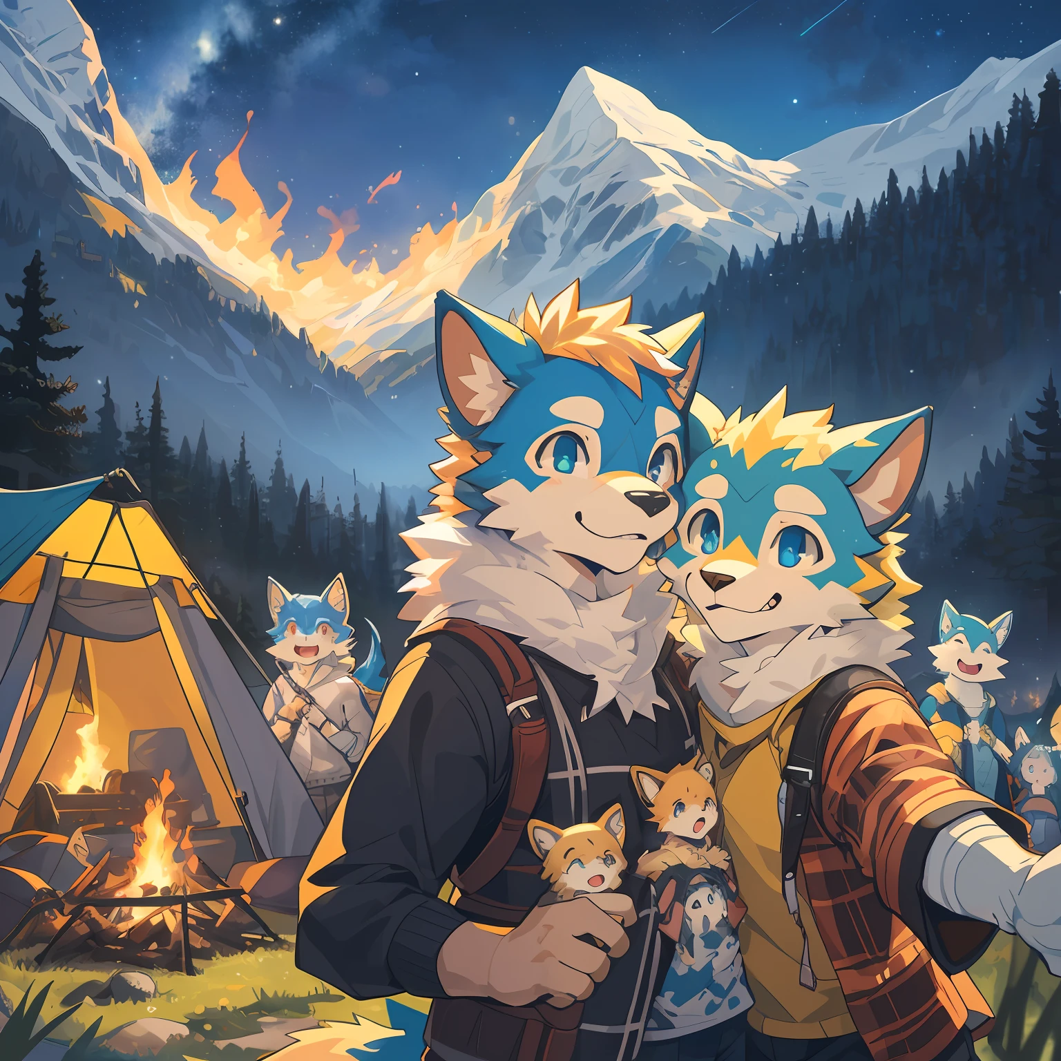 top quality, best quality, High-quality illustrations, masterpiece, super high resolution, detailed background, detailed background, Campsite in the mountains, group shot, 6+boys, 6+girls, camp-fire, night sky, absurdres(highly detailed beautiful face and eyes)perfect anatomy(Photo of family trip)(kemono, furry anthro)selfie,