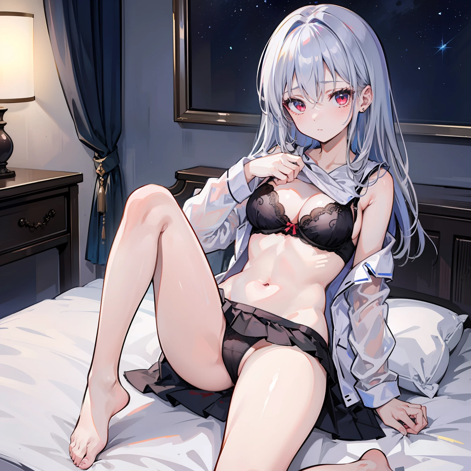 Silver-haired,  with red eyes lying barefoot on bed，showing your whole body，Wear leaky navel pajamas and miniskirts，，She lifted her pajamas with one hand to show her bra，With one hand lifted the nightdress to expose the panties，She looked shy，hightquality，ultra - detailed、Underwear is see-through、open one's legs