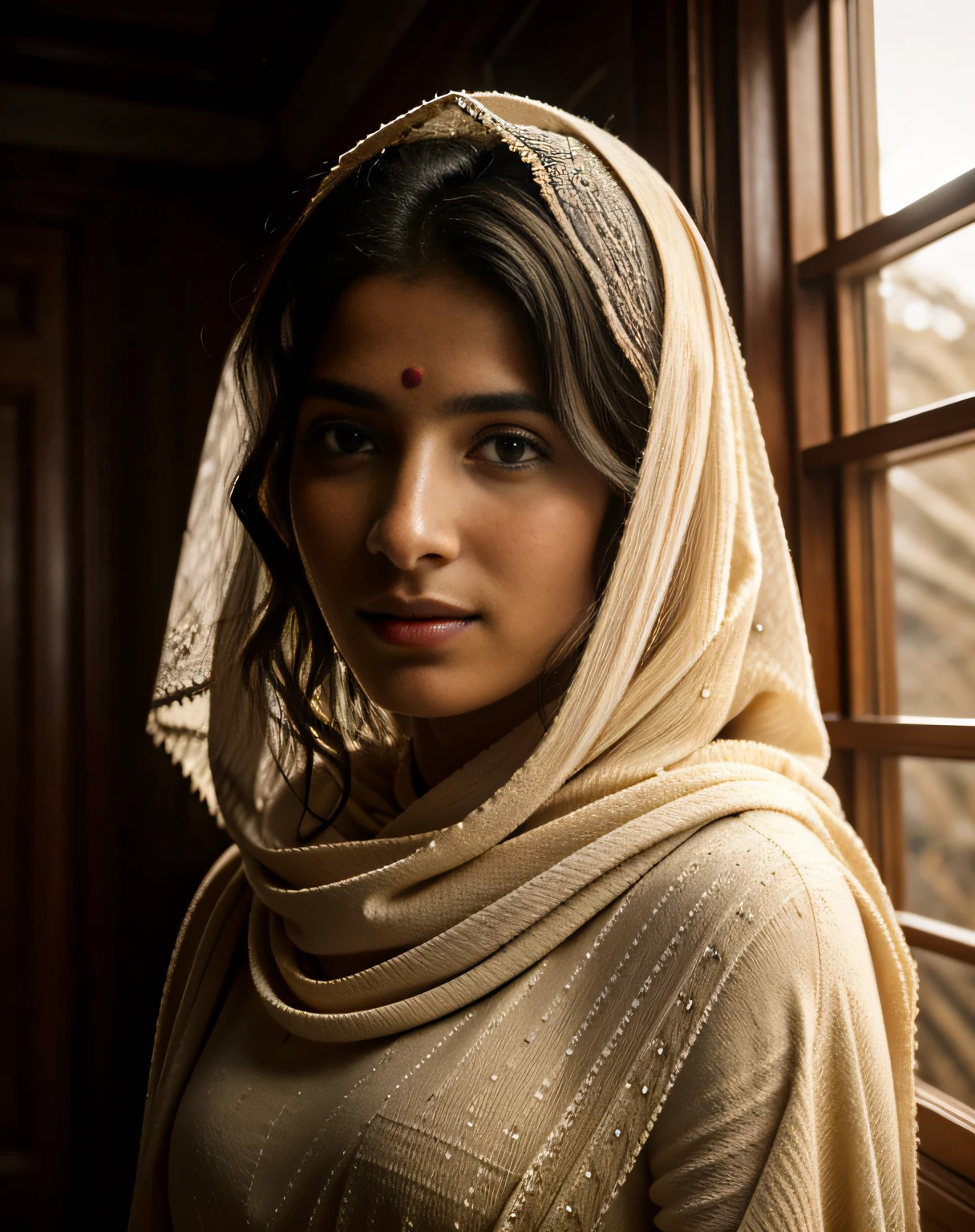 (masterpiece, best quality, insanely photorealistic RAW close-up portrait:1.4) of a stunning beautiful 25yo indian woman, traditional colorful dress, beautiful face, long wavy hair, (intricate veil covering hair partially:1.2) (shy, looking down:1.5), indoors, detailed eyes, (natural skin texture:1.1), award-winning travel photography, highly detailed, (sharp focus:1.2), intricate, (soft lighting, indirect warm lighting:1.6), dramatic lighting, 4k, 8k, HD
