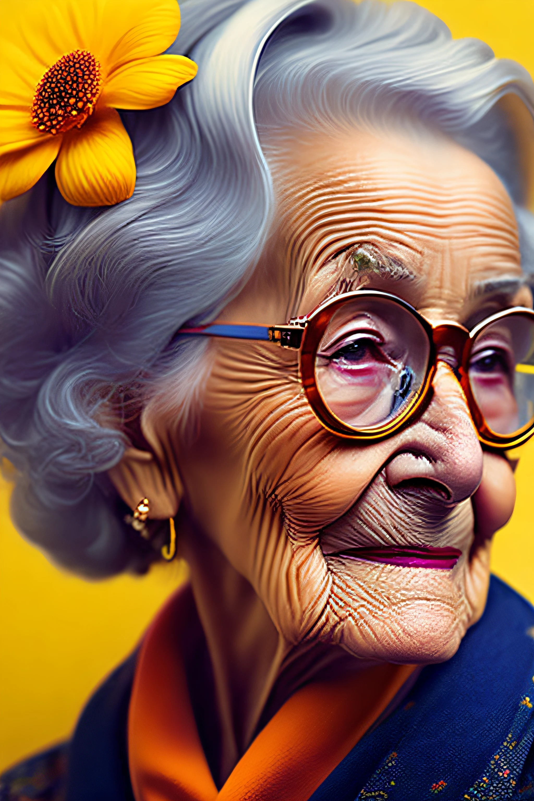 an older woman with yellow glasses and a flower in her hair, a photorealistic painting by derek zabrocki, tumblr, hyperrealism, hyperrealistic digital art, stunning artwork, ultra-realistic digital art, highly realistic digital art, hyperrealistic mixed media, hyper realistic digital art, old lady, beeple and jean giraud, the look of an elderly person