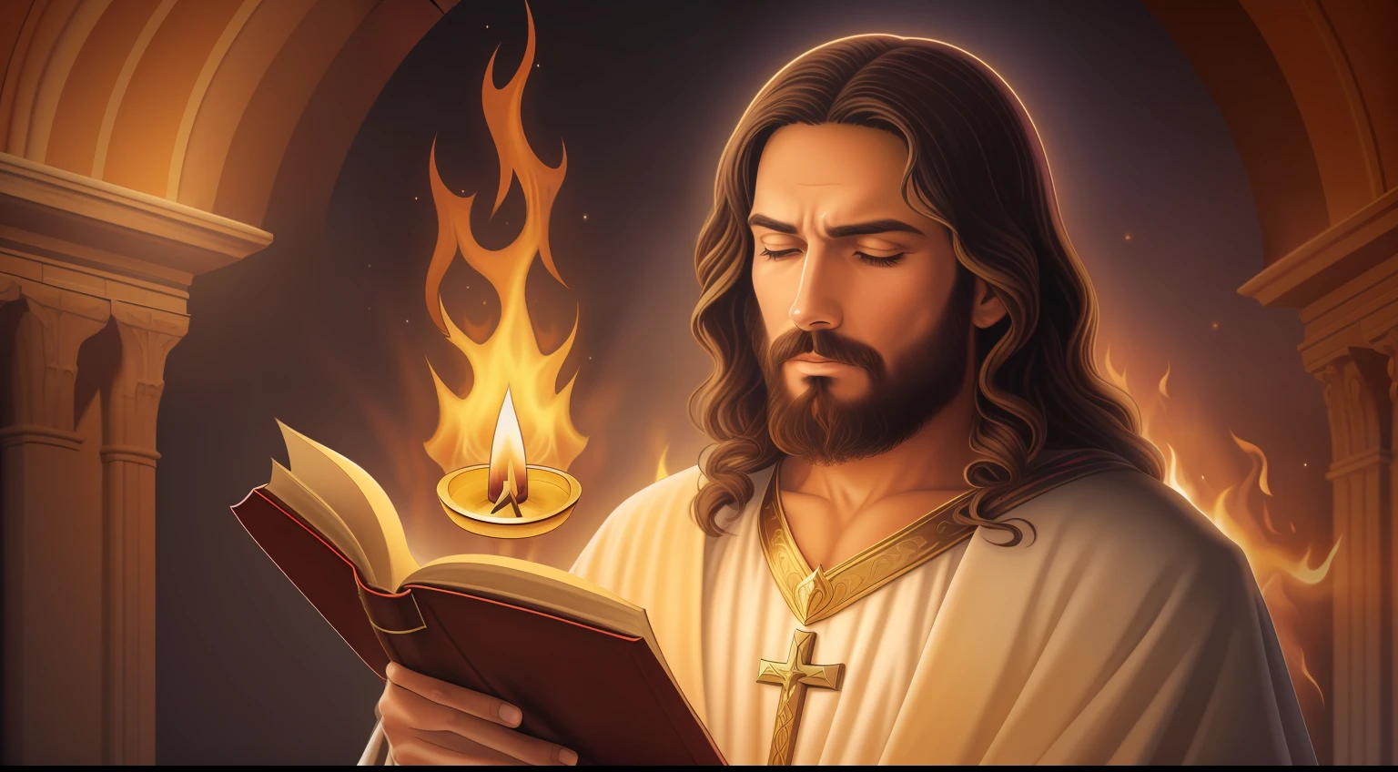 Imagem de Jesus lendo um livro em frente a uma fogueira, holy flame spell, holy fire spell art, holy flame crown spell, flame conjuring, casting a flame spell, flame spell, casting fire spell, casting a fire spell, fire spell, SACRED BIBLE, velas acesas, Biblical setting, Hiper realista, Jesus Cristo, jesus olhando para o horizonte
