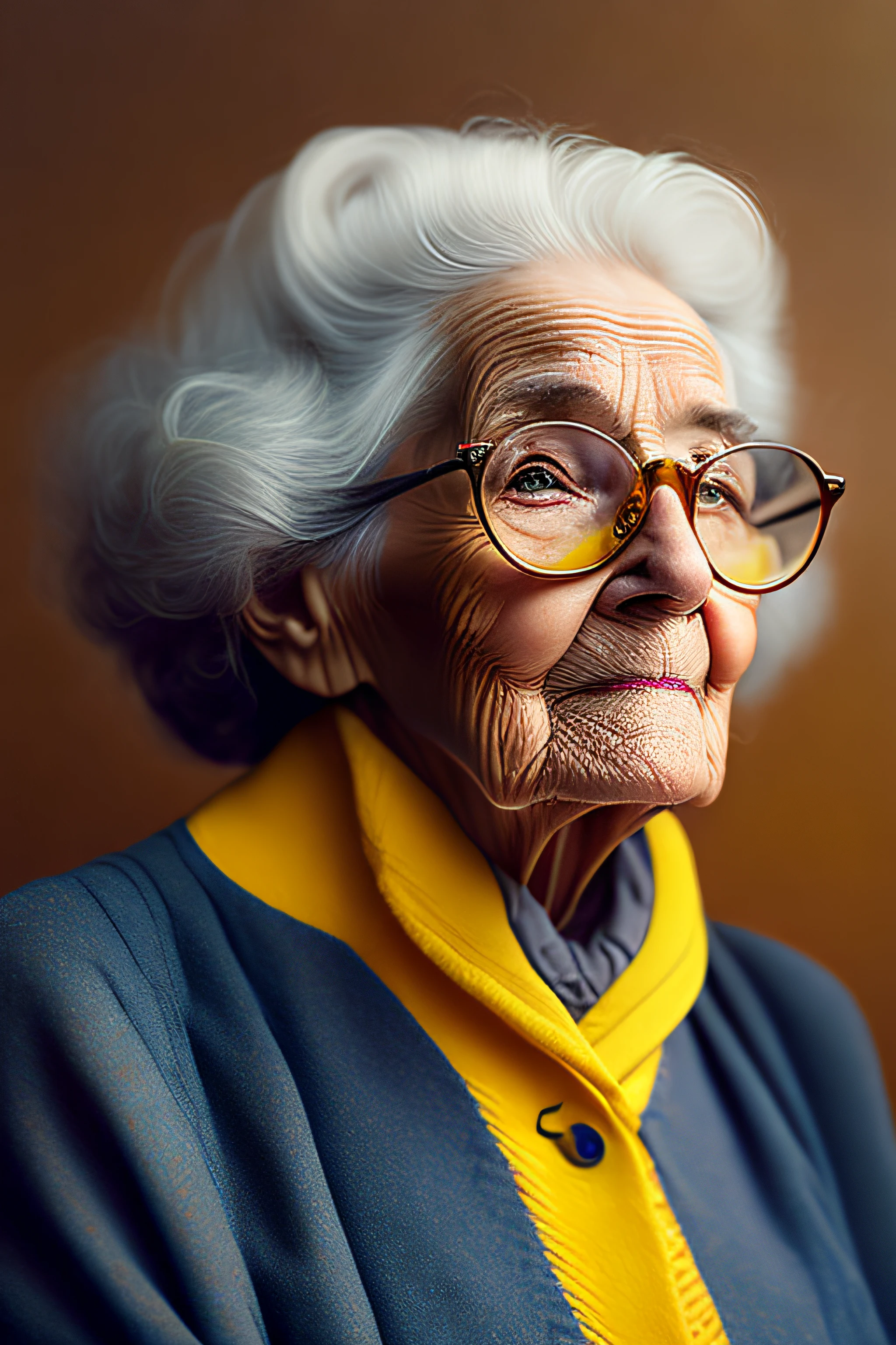 an older woman with yellow glasses and a flower in her hair, a photorealistic painting by derek zabrocki, tumblr, hyperrealism, hyperrealistic digital art, stunning artwork, ultra-realistic digital art, highly realistic digital art, hyperrealistic mixed media, hyper realistic digital art, old lady, beeple and jean giraud, the look of an elderly person