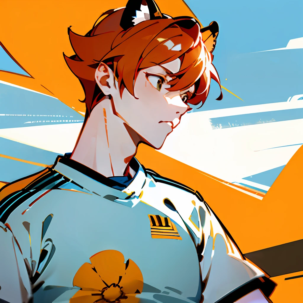 An illustration style scene，A Japanese teenager with short orange hair wears a tracksuit，Stand on the beach and play volleyball，A cute tiger tooth appears at the corner of his mouth。The main close-up is dominated by the upper half of the body，A clearly visible volleyball net appears in the picture。