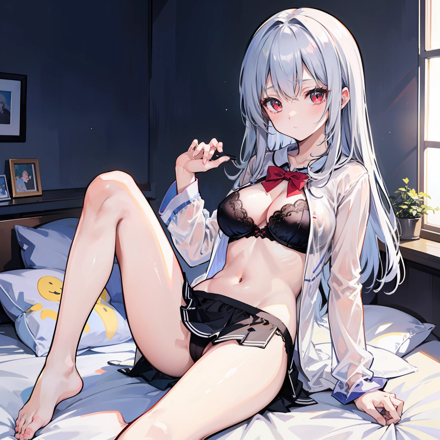 Silver-haired,  with red eyes lying barefoot on bed，showing your whole body，Wear leaky navel pajamas and miniskirts，，She lifted her pajamas with one hand to show her bra，With one hand lifted the nightdress to expose the panties，She looked shy，hightquality，ultra - detailed、Underwear is see-through、open one's legs