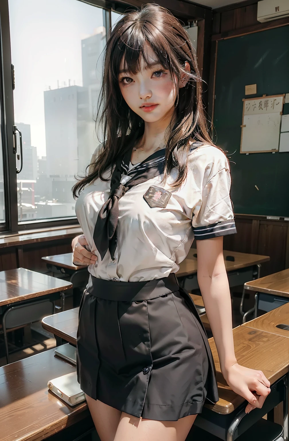 top-quality、​masterpiece、超A high resolution、(Photorealsitic:1.4)、Raw photo、***1人、Brown hair with bangs、drooing eyes、thin-waist、Colossal tits、Japan schoolgirl sailor suit、Black miniskirt、Inside the classroom、slim figure、Light smile with visible teeth