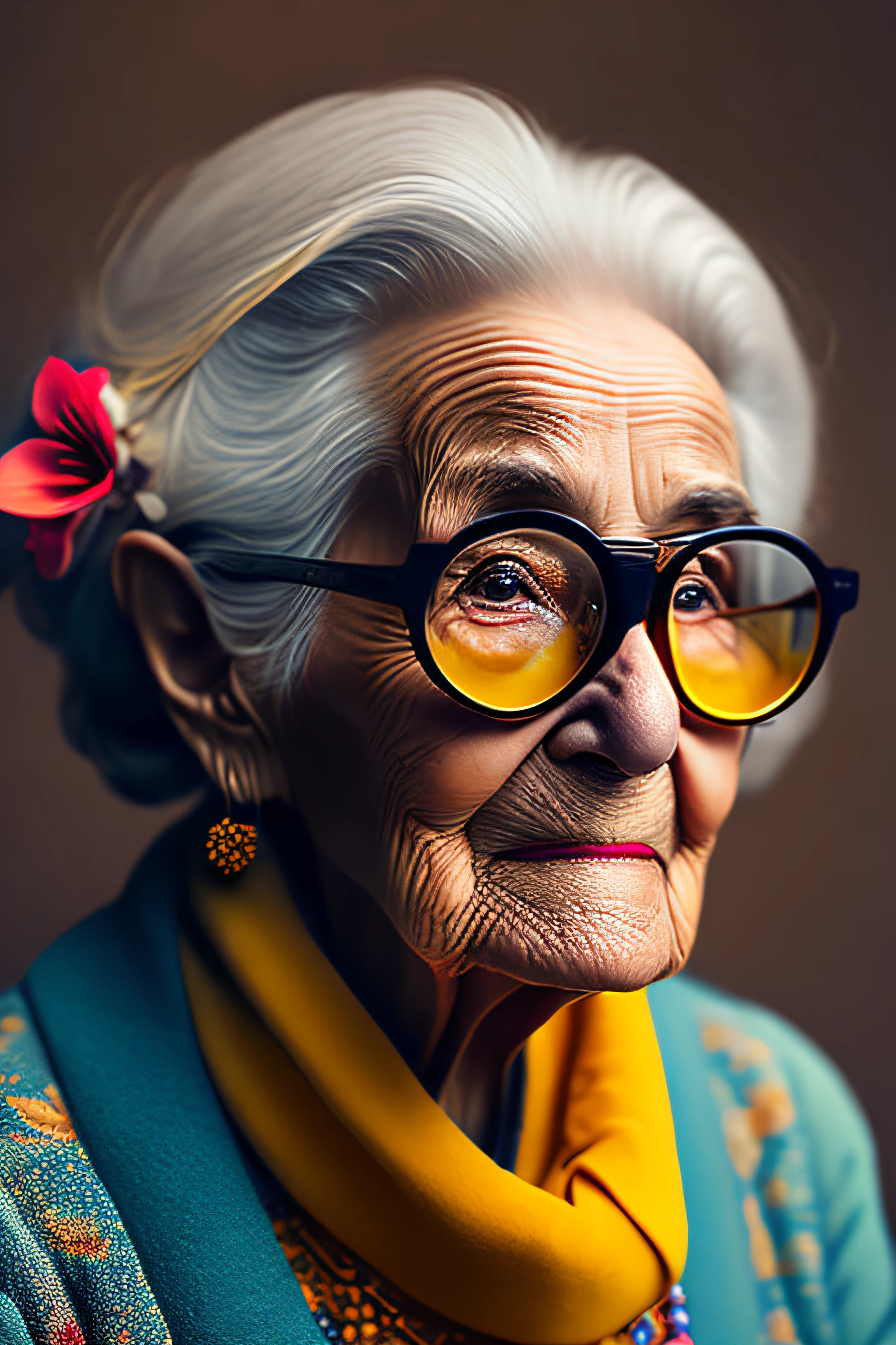 an older woman with yellow glasses and a flower in her hair, hyperrealistic digital art, stunning artwork, ultra-realistic digital art, highly realistic digital art, hyper realistic digital art, hyperrealistic mixed media, old lady, beeple and jean giraud, the look of an elderly person, photography hyperrealism, by derek zabrocki, ultrarealistic digital art