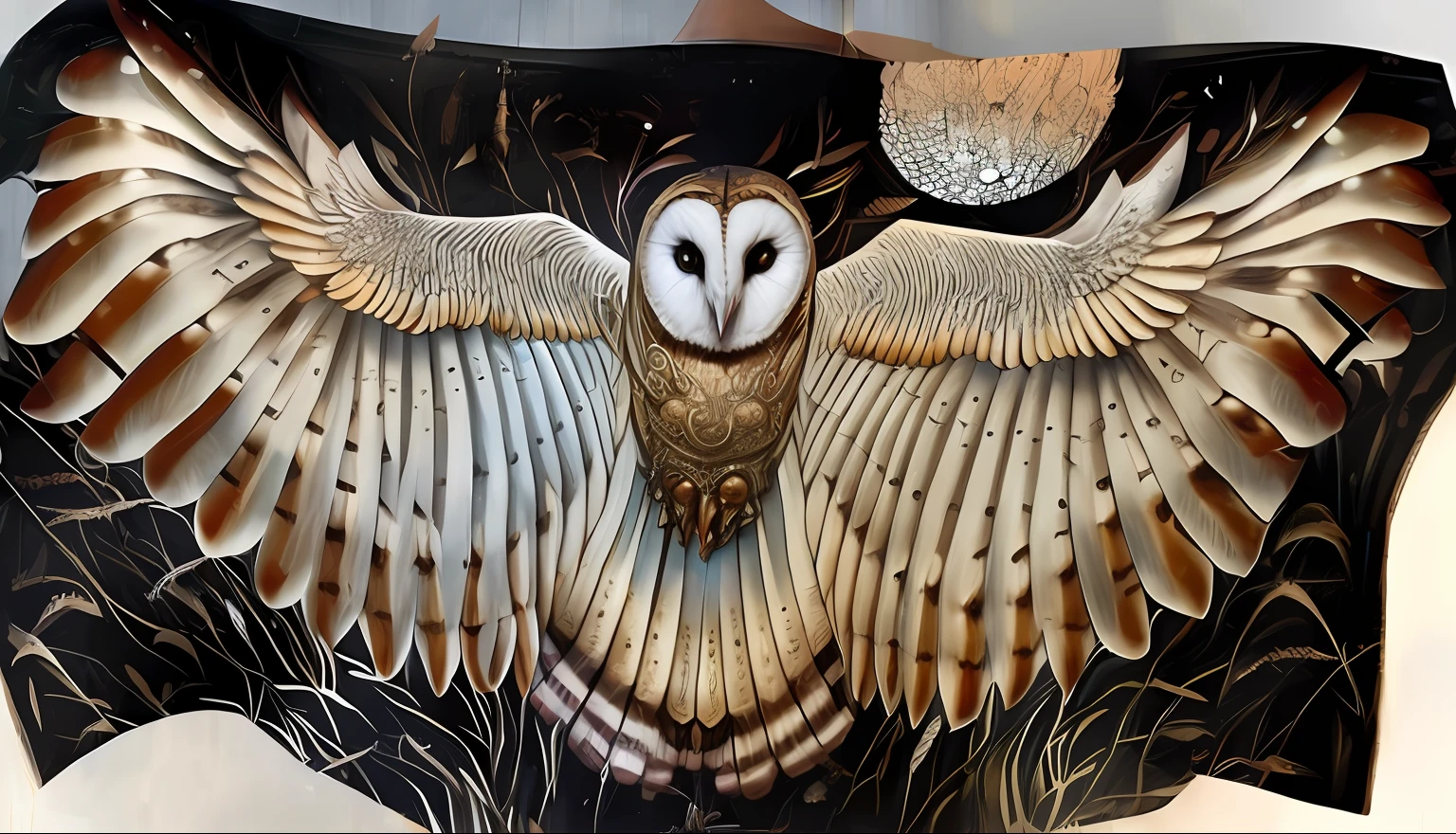 Coruja Arafed com asas abertas em um fundo preto, barn owl symbol in chest, Penas de coruja, asas requintadas e bonitas, wearing barn owl mask, Coruja Radiante, Barn owl mask, julie dillon, asas altamente intrincadas!, highly detailed and hypnotic, highly detailed visionary art, Detalhe surpreendente, Directed by: Galen Dara, Highly detailed artwork, A beautiful detailed orisha